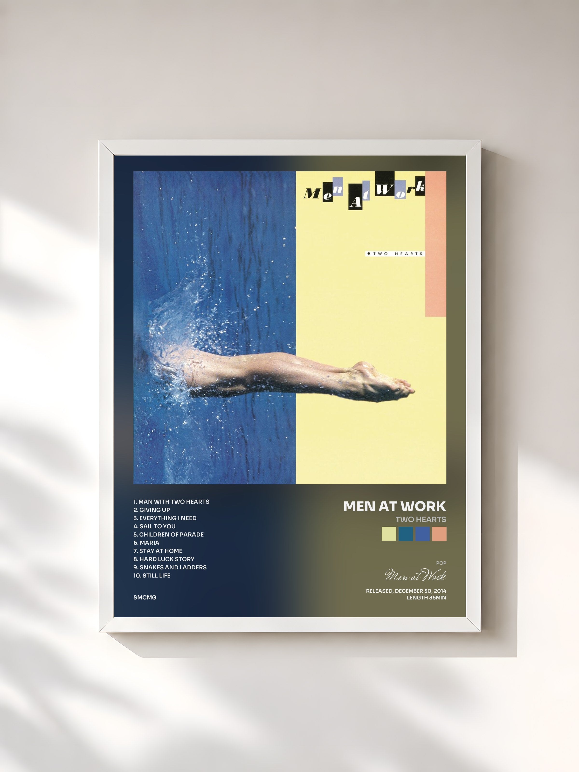 #blanc Tableau de l'album Two Hearts de Men at Work, cadre blanc, imprimé et encadré en France