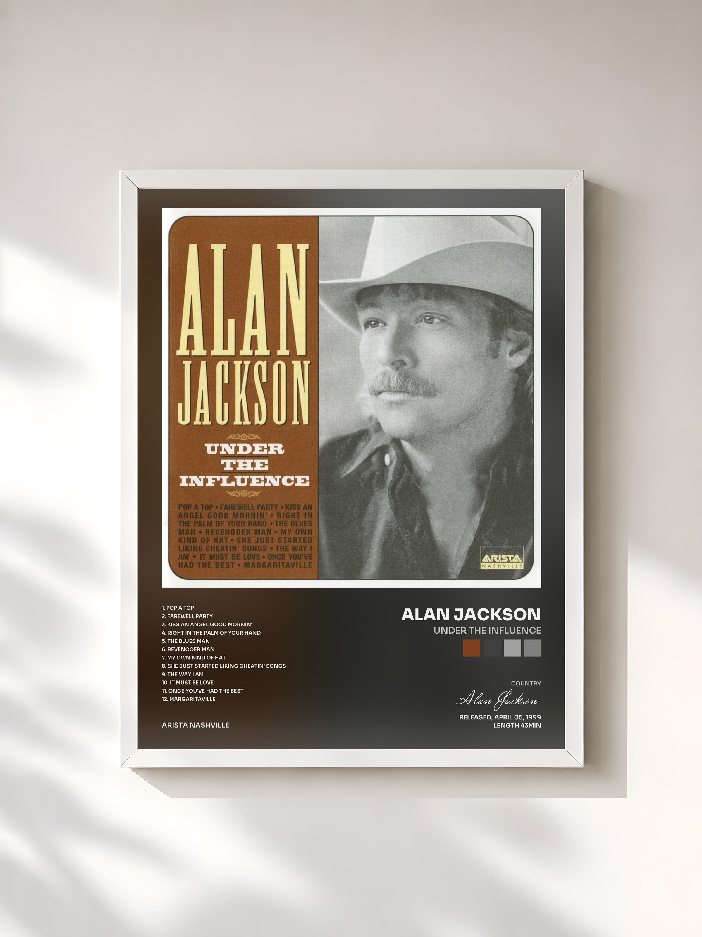 #blanc Tableau de l'album Under The Influence de Alan Jackson, cadre blanc, imprimé et encadré en France