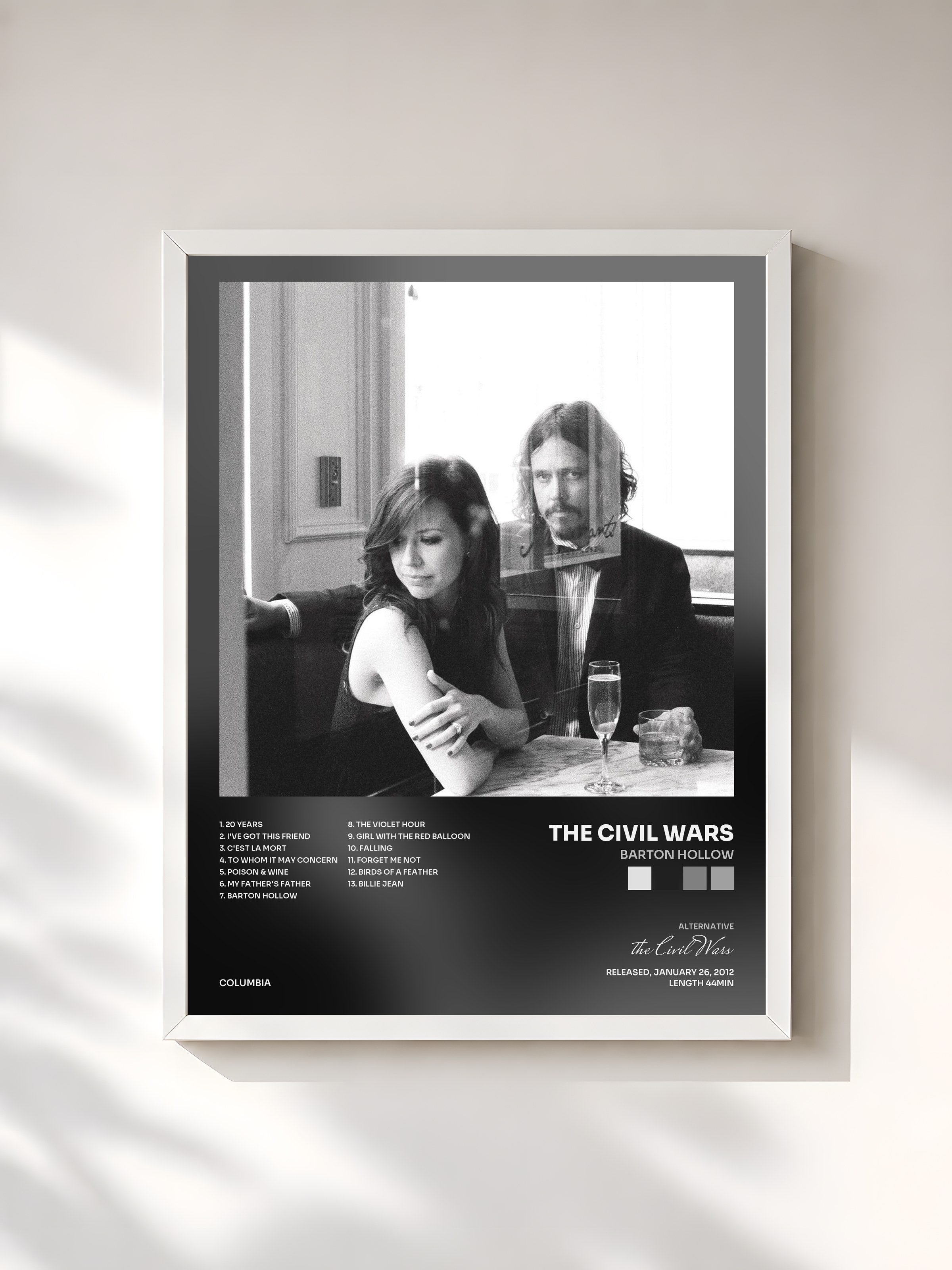 #blanc Tableau de l'album Barton Hollow de the Civil Wars, cadre blanc, imprimé et encadré en France