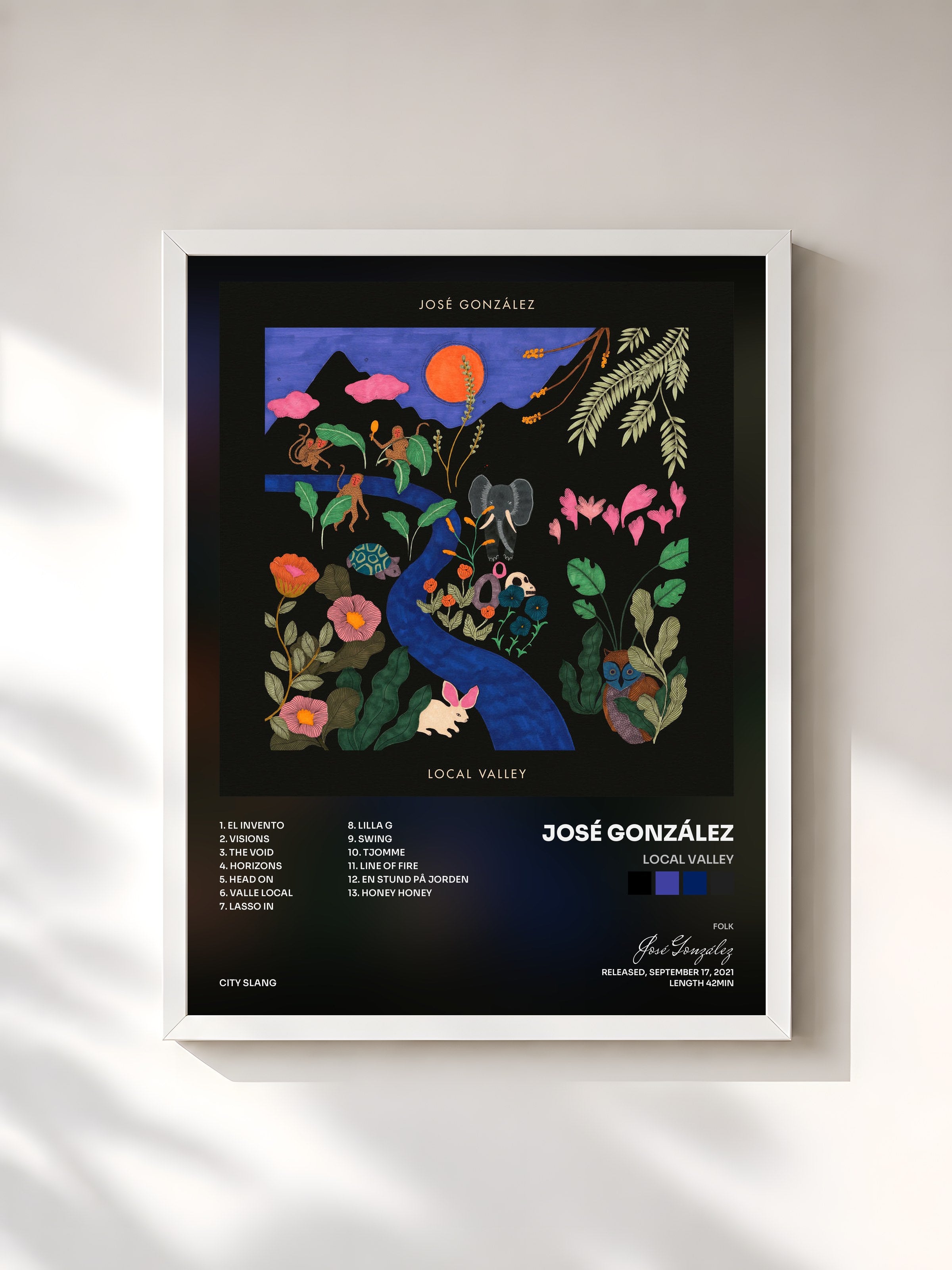 #blanc Tableau de l'album Local Valley de José González, cadre blanc, imprimé et encadré en France