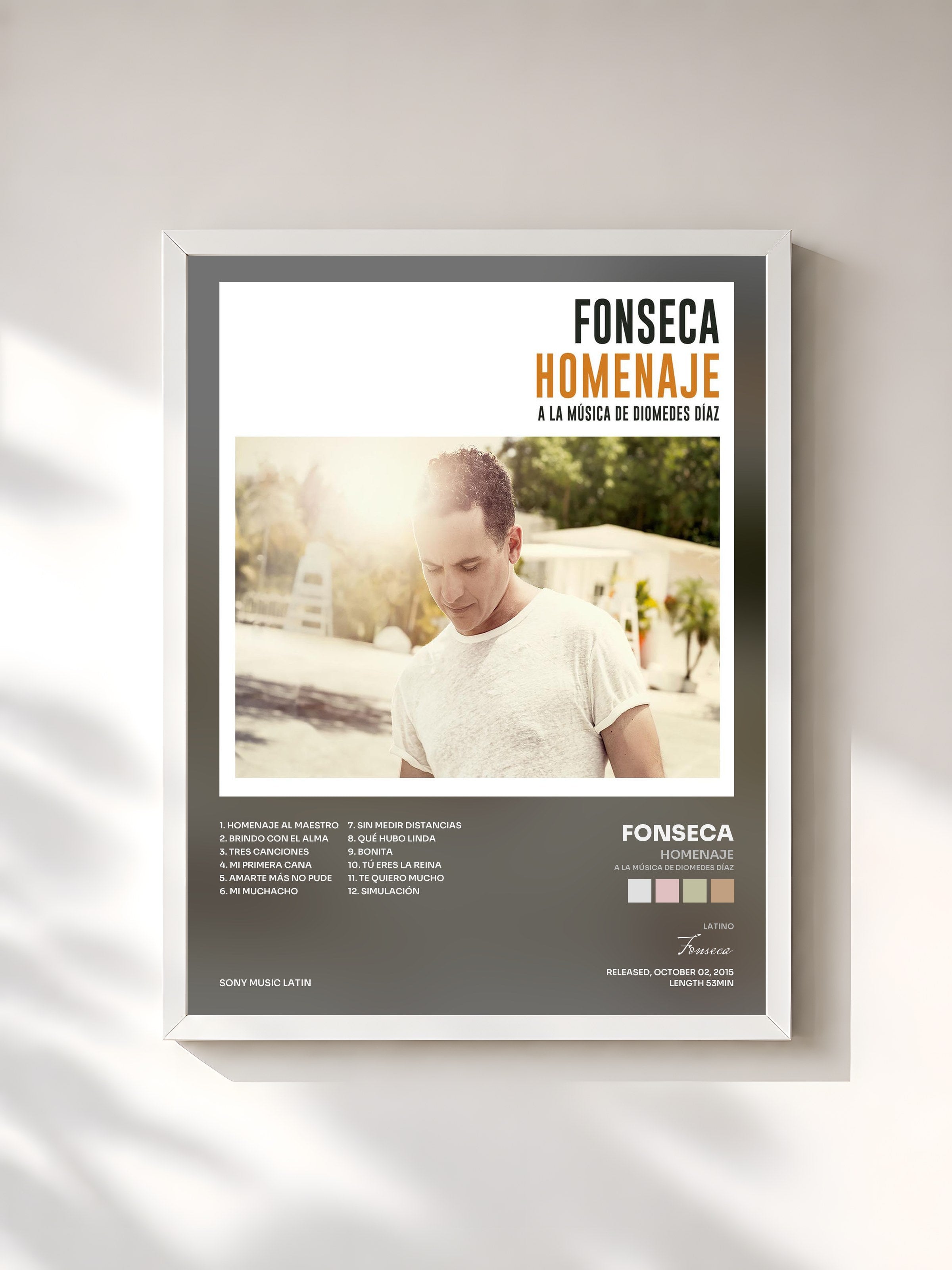 #blanc Tableau de l'album Homenaje (A la Música de Diomedes Díaz) de Fonseca, cadre blanc, imprimé et encadré en France
