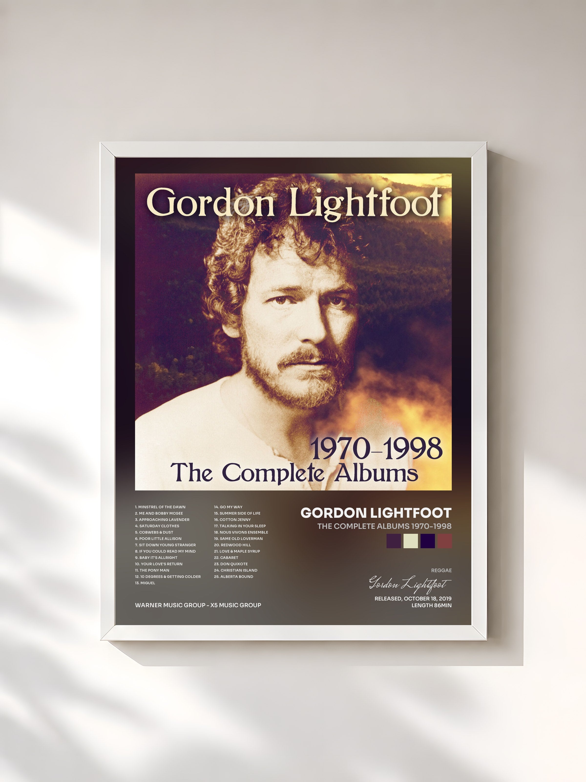 #blanc Tableau de l'album The Complete Albums 1970-1998 de Gordon Lightfoot, cadre blanc, imprimé et encadré en France