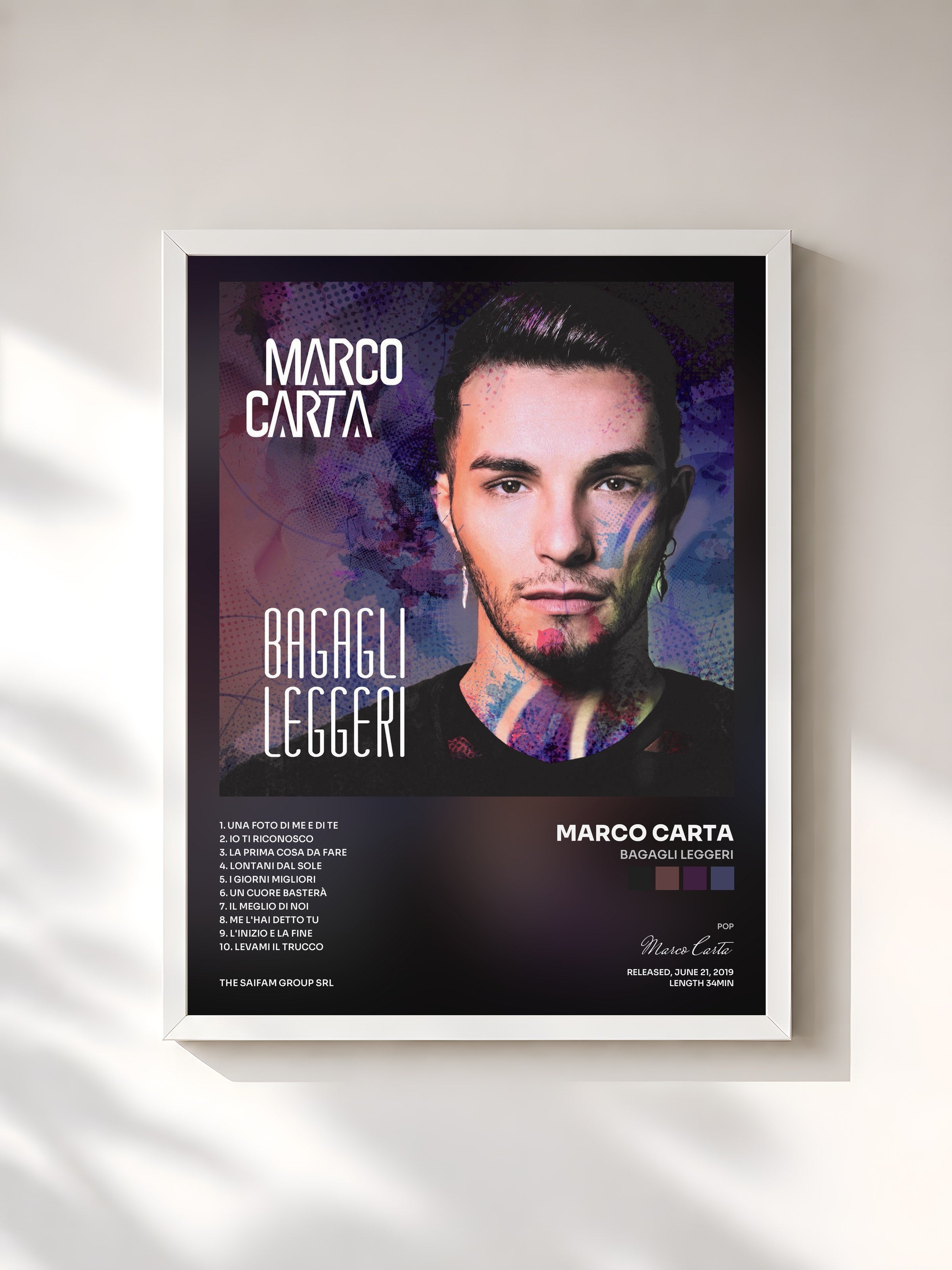 #blanc Tableau de l'album Bagagli Leggeri de Marco Carta, cadre blanc, imprimé et encadré en France