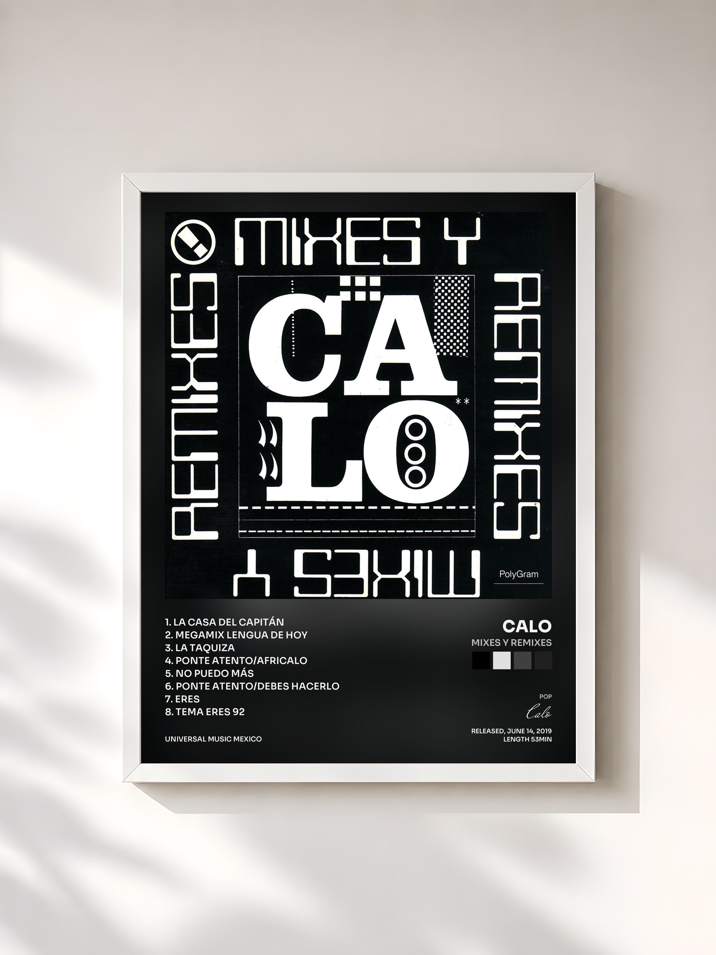 #blanc Tableau de l'album Mixes Y Remixes de Calo, cadre blanc, imprimé et encadré en France