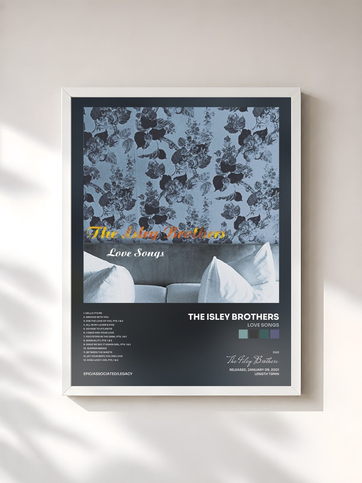 #blanc Tableau de l'album Love Songs de The Isley Brothers, cadre blanc, imprimé et encadré en France