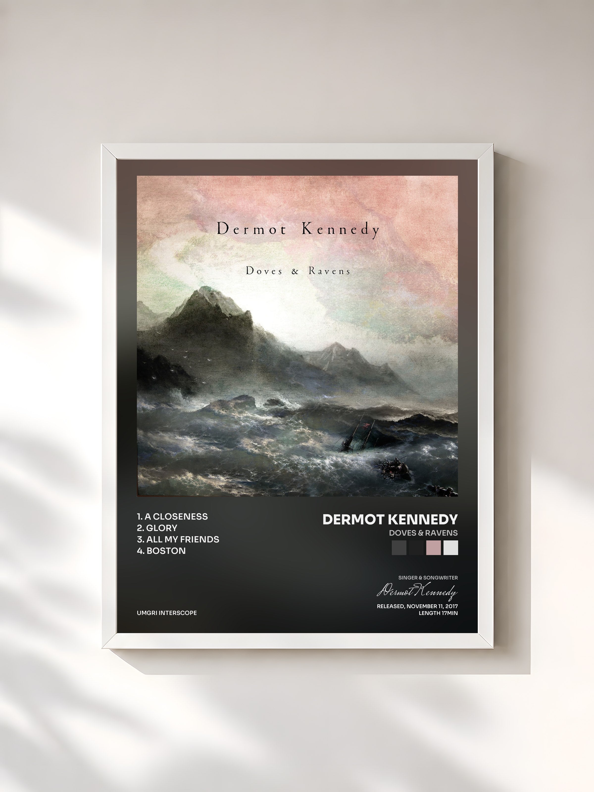 #blanc Tableau de l'album Doves & Ravens de Dermot Kennedy, cadre blanc, imprimé et encadré en France