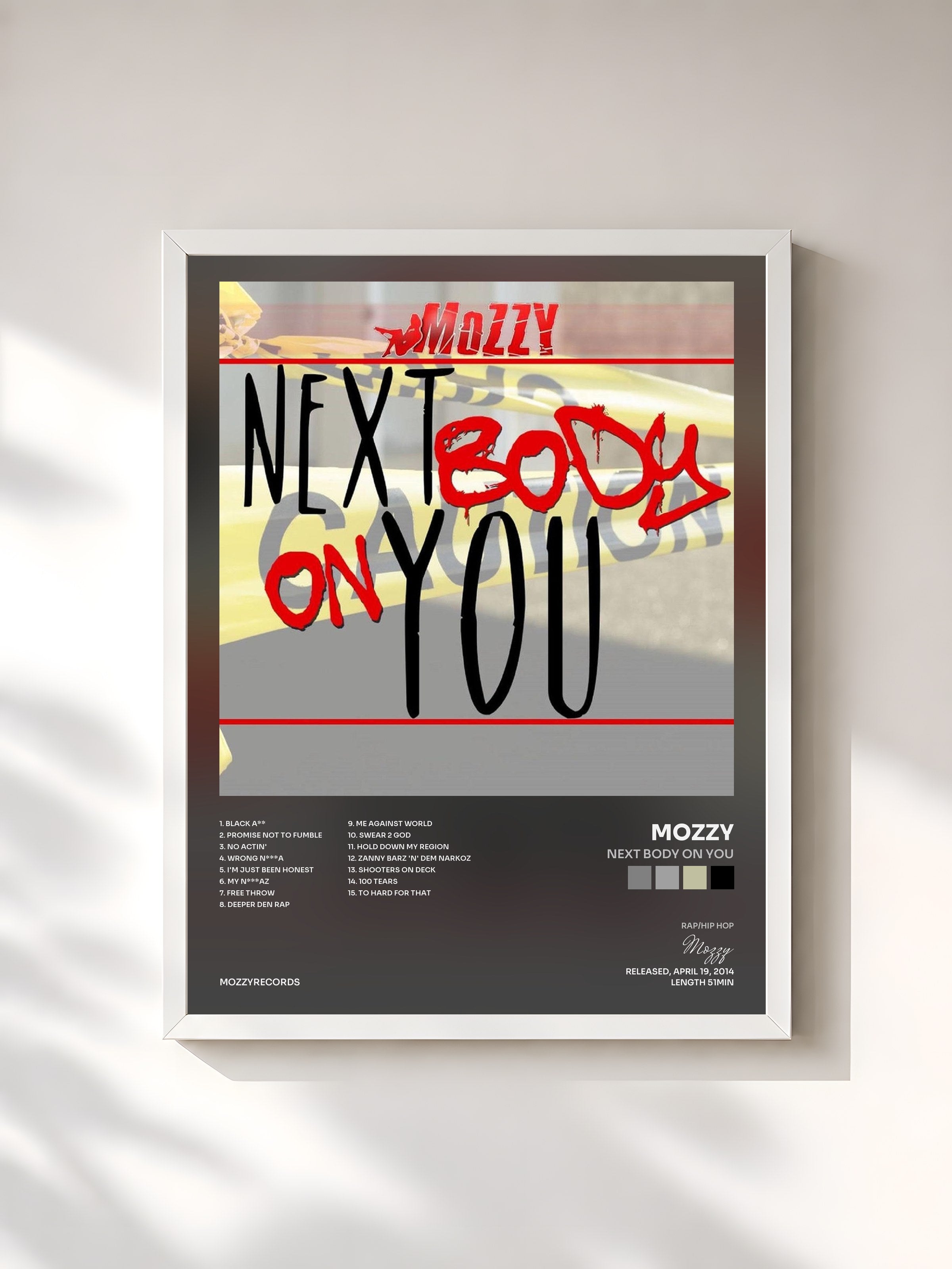 #blanc Tableau de l'album Next Body On You de Mozzy, cadre blanc, imprimé et encadré en France