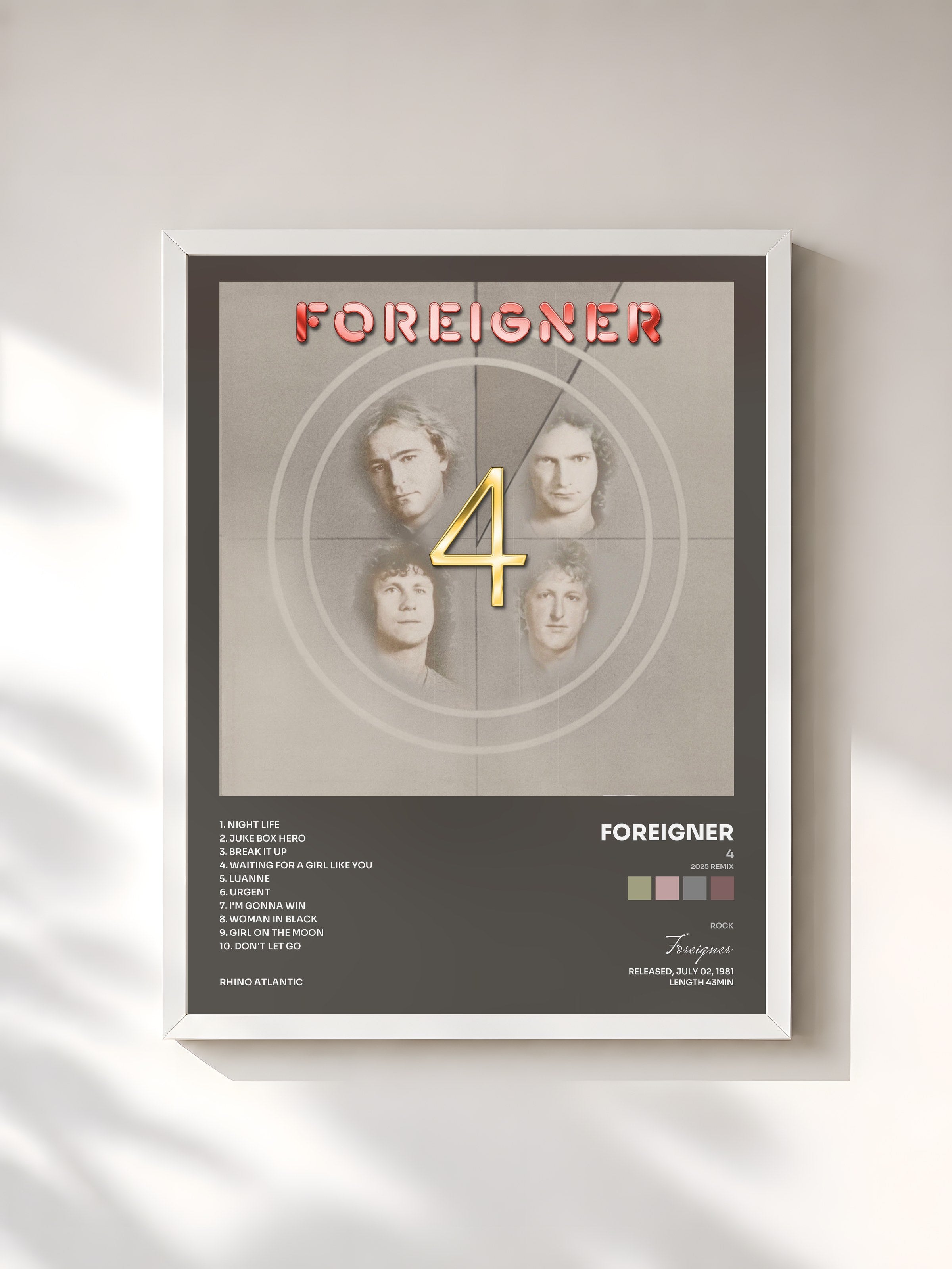 #blanc Tableau de l'album 4 (2025 Remix) de Foreigner, cadre blanc, imprimé et encadré en France