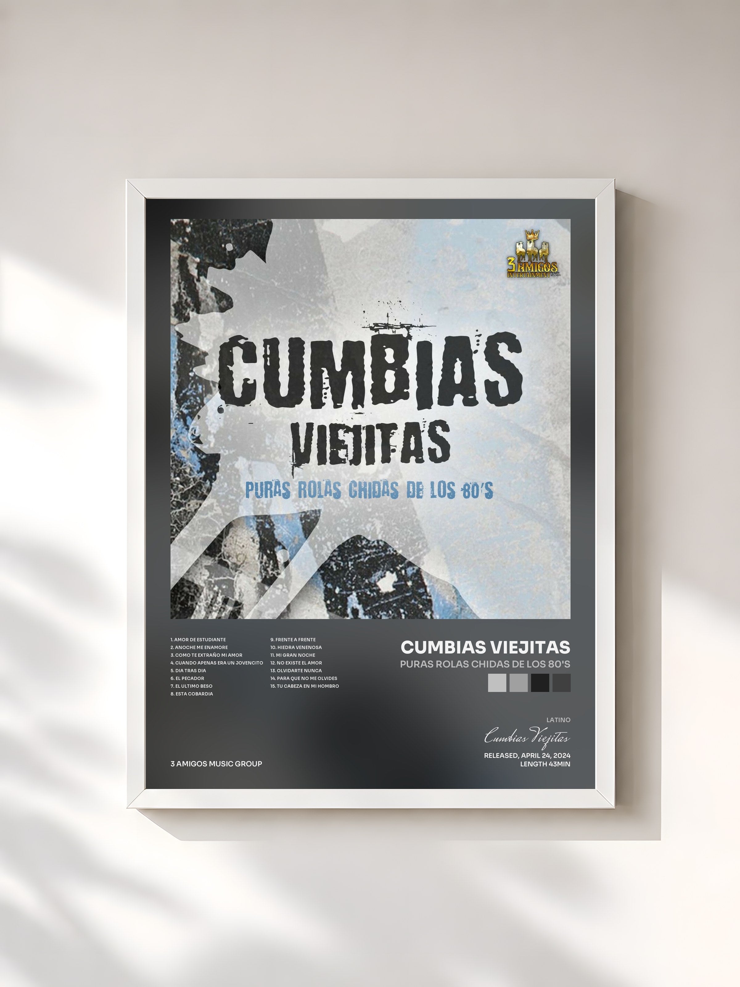 #blanc Tableau de l'album Puras Rolas Chidas De Los 80's de Cumbias Viejitas, cadre blanc, imprimé et encadré en France
