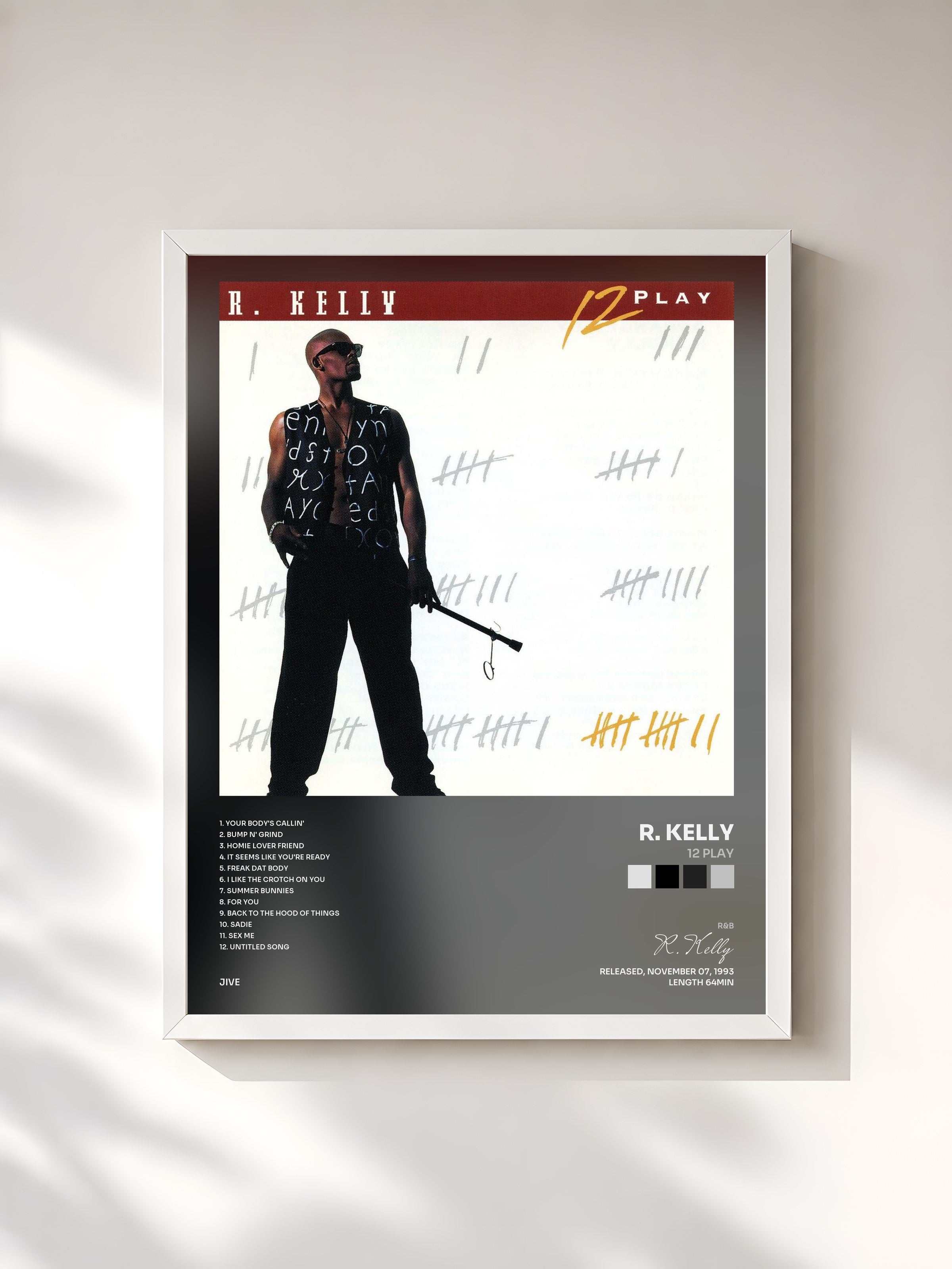 #blanc Tableau de l'album 12 Play de R. Kelly, cadre blanc, imprimé et encadré en France