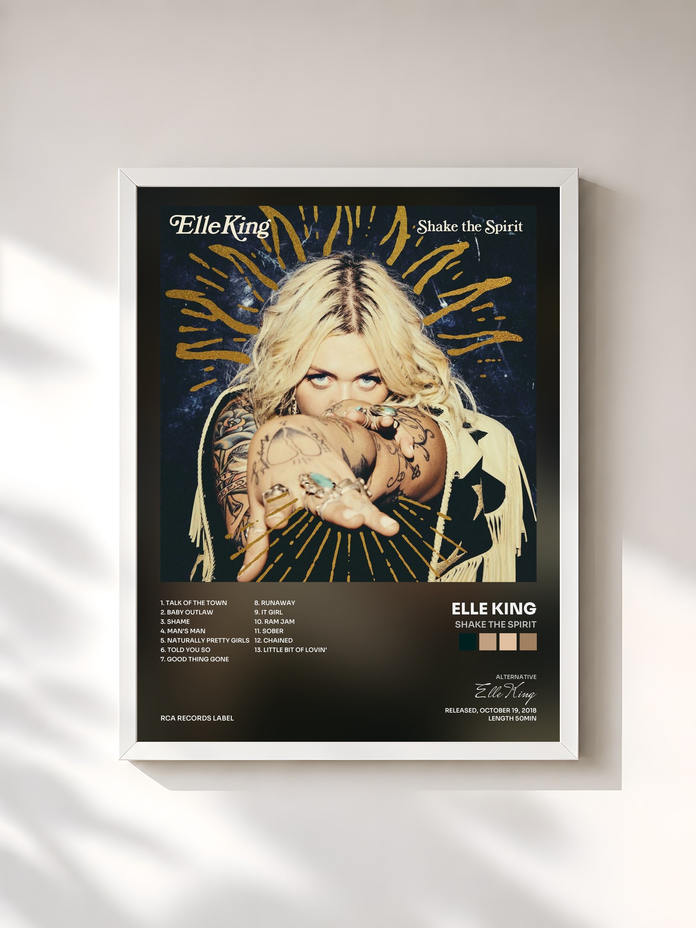 #blanc Tableau de l'album Shake The Spirit de Elle King, cadre blanc, imprimé et encadré en France
