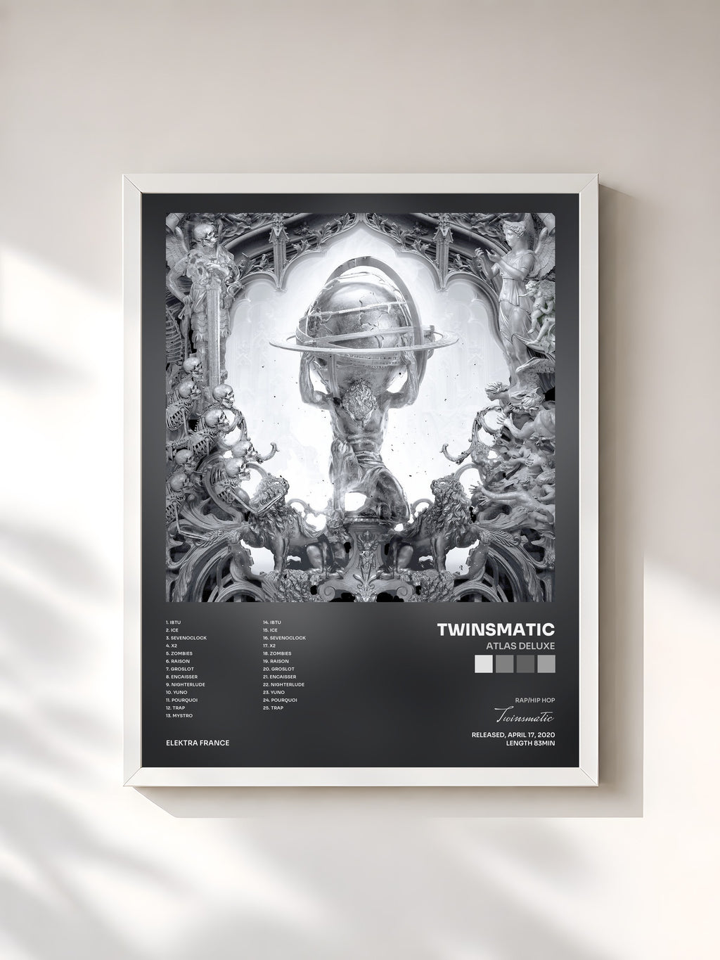 #blanc Tableau de l'album ATLAS DELUXE de Twinsmatic, cadre blanc, imprimé et encadré en France