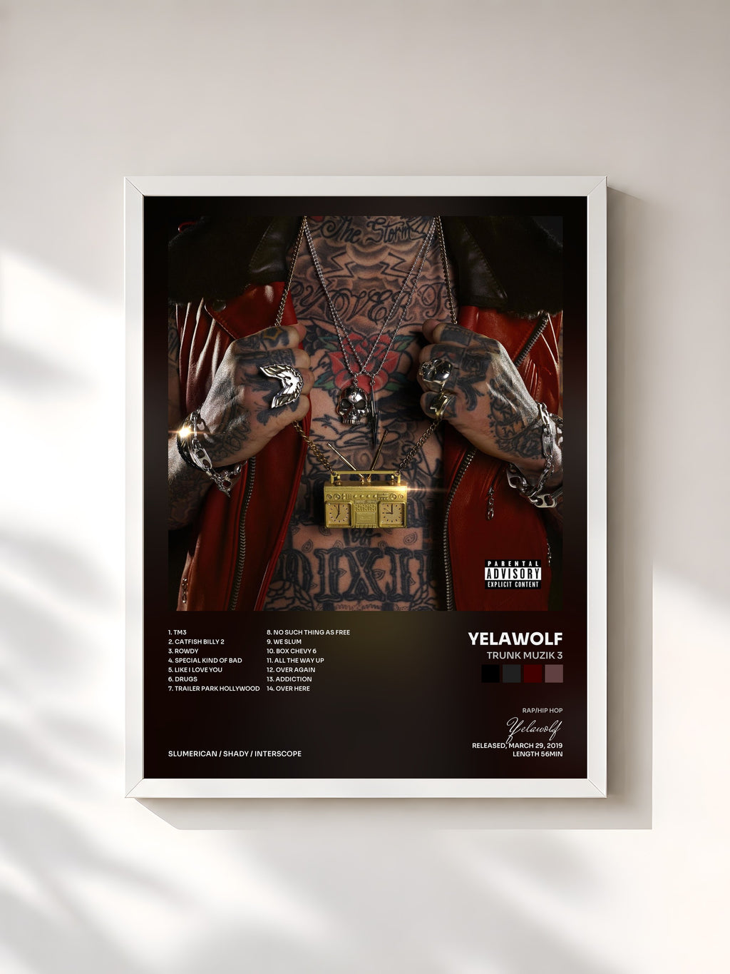 #blanc Tableau de l'album Trunk Muzik 3 de Yelawolf, cadre blanc, imprimé et encadré en France