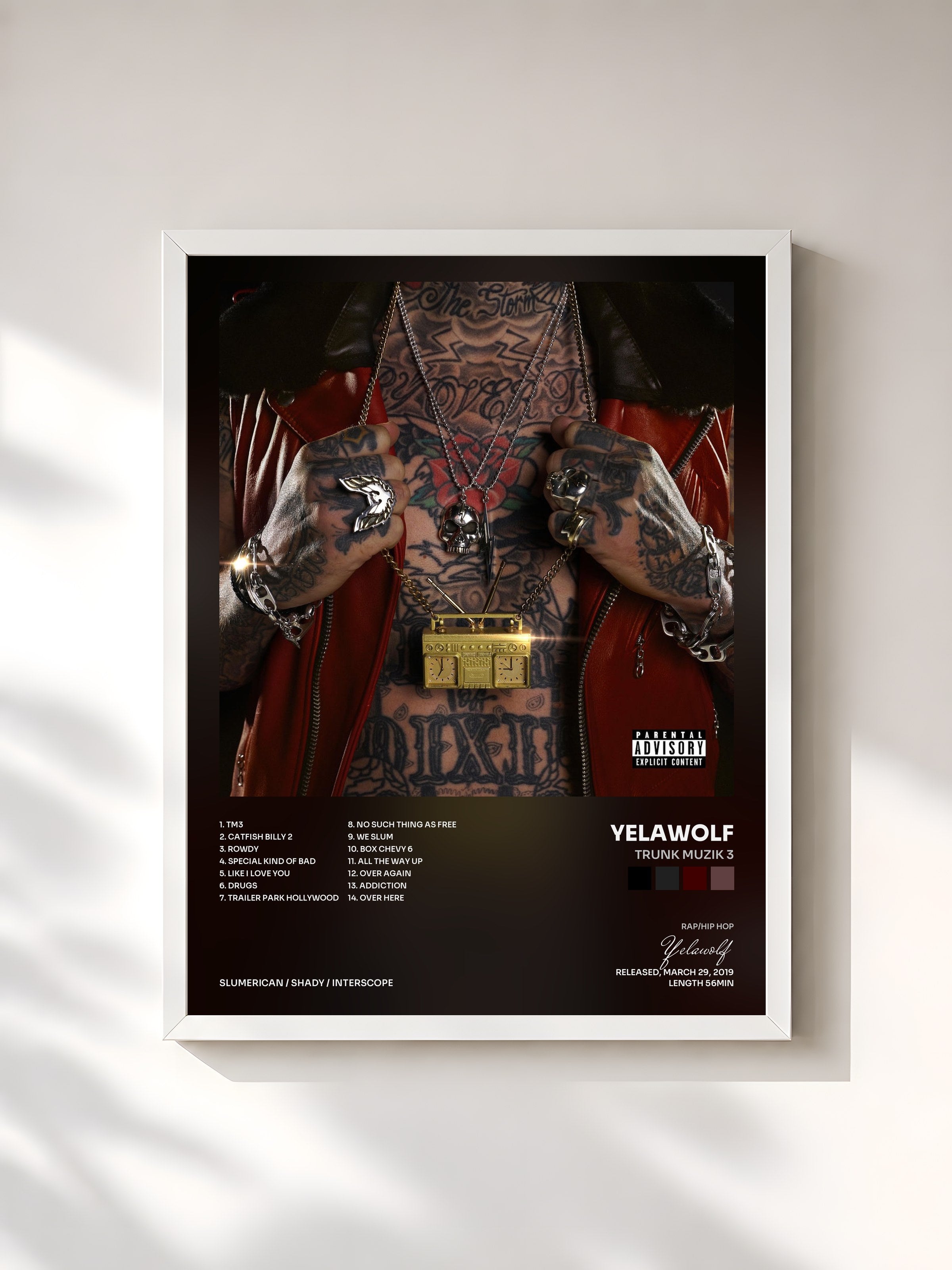 #blanc Tableau de l'album Trunk Muzik 3 de Yelawolf, cadre blanc, imprimé et encadré en France