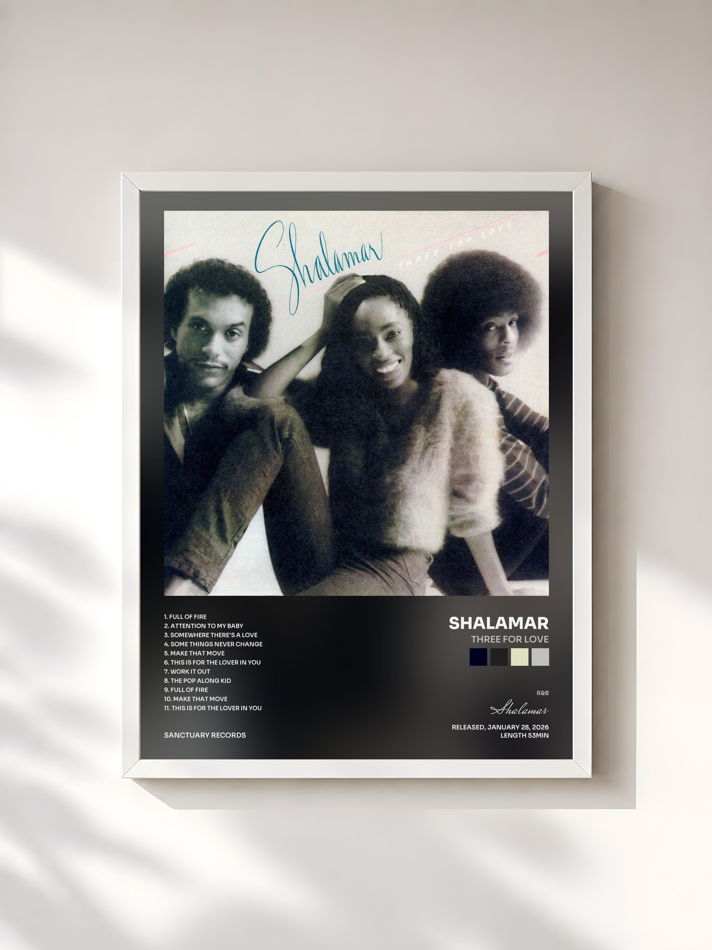 #blanc Tableau de l'album Three for Love de Shalamar, cadre blanc, imprimé et encadré en France