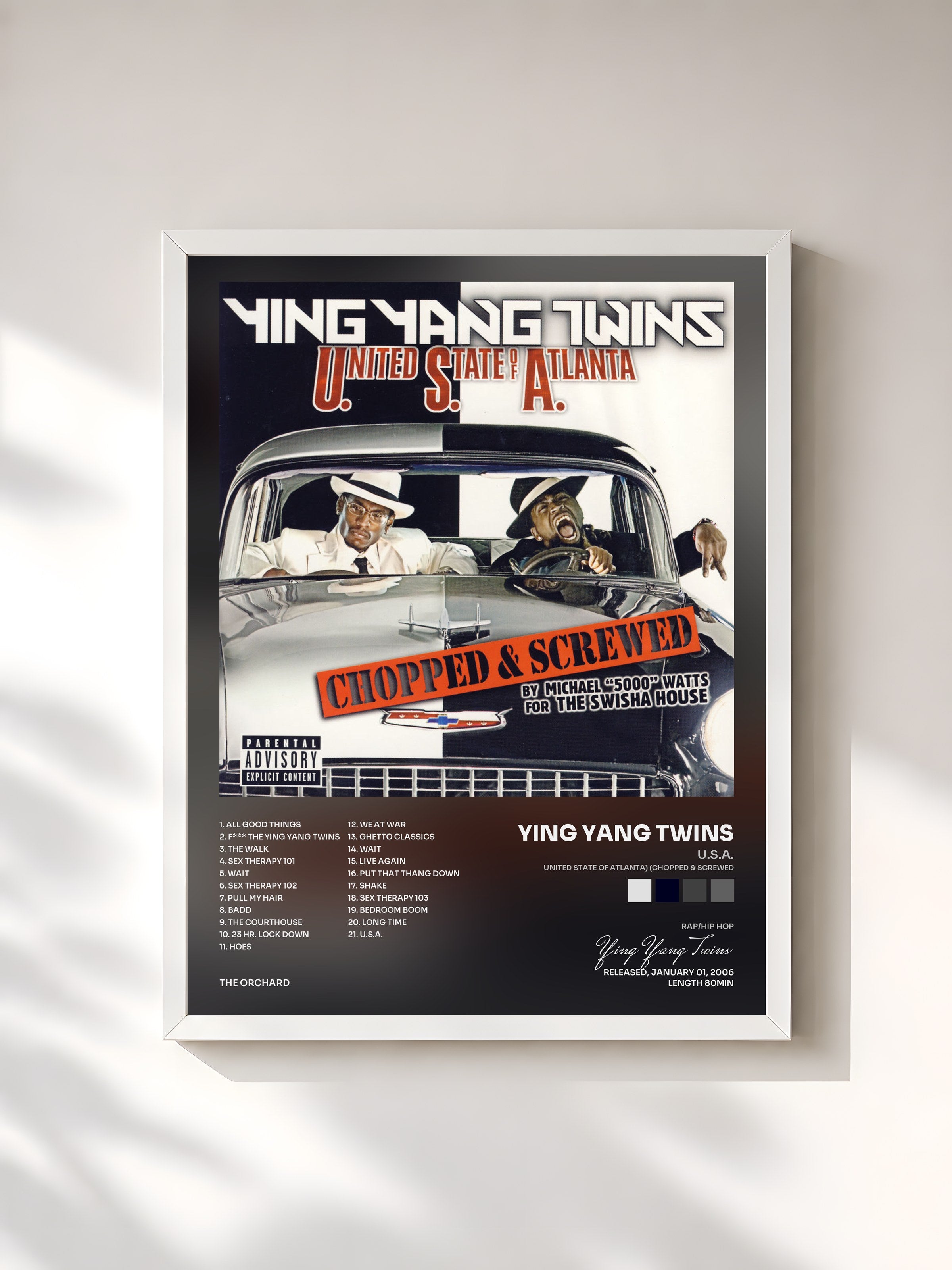 #blanc Tableau de l'album U.S.A. (United State Of Atlanta) (Chopped & Screwed) de Ying Yang Twins, cadre blanc, imprimé et encadré en France