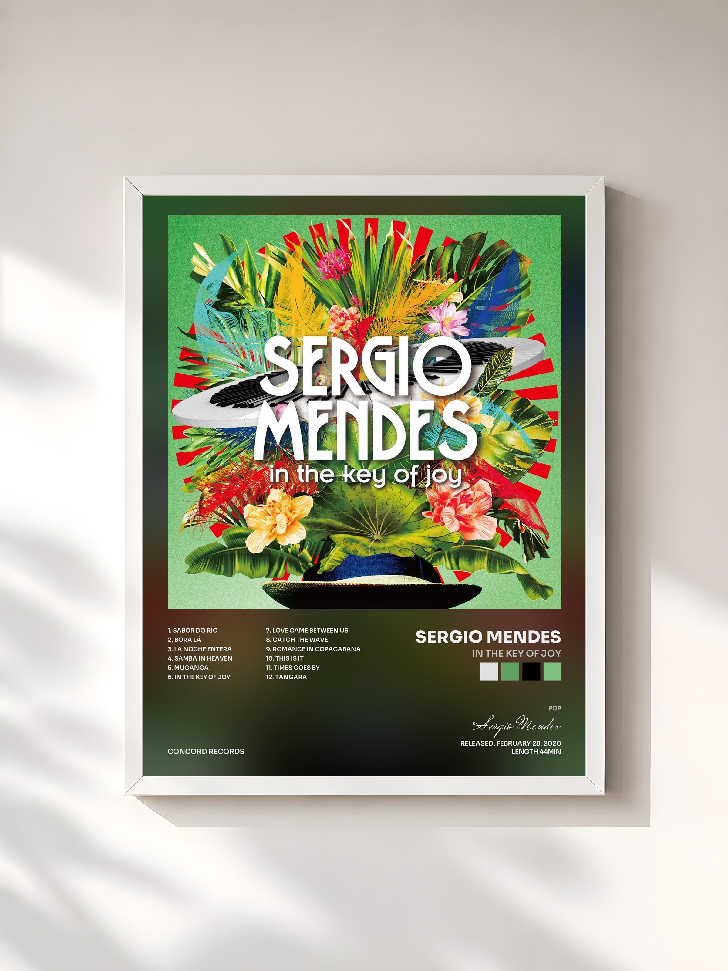 #blanc Tableau de l'album In The Key of Joy de Sergio Mendes, cadre blanc, imprimé et encadré en France