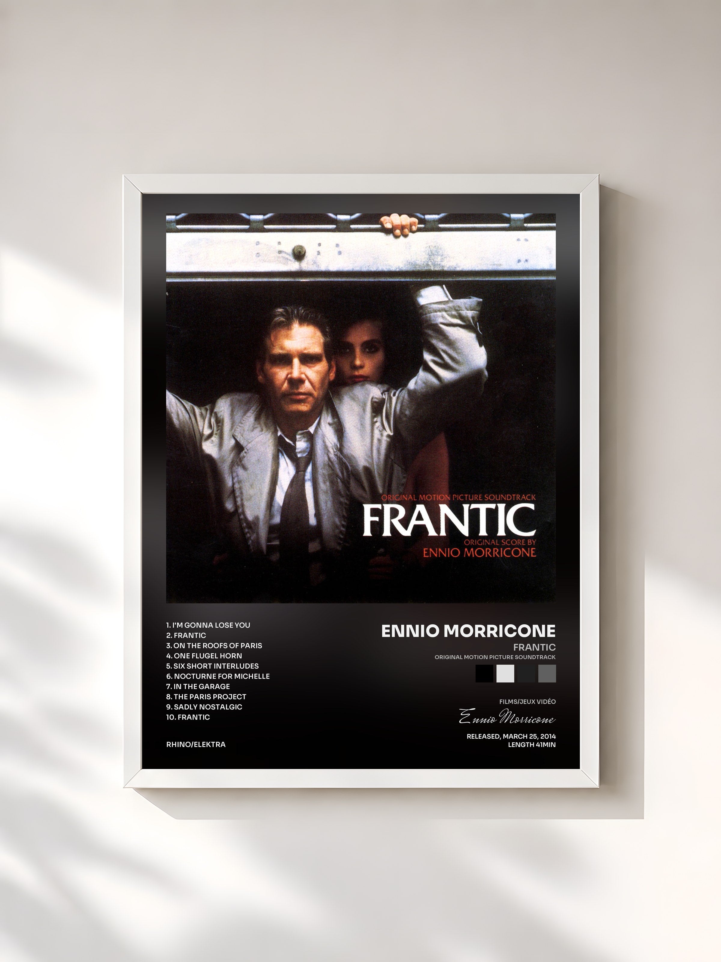 #blanc Tableau de l'album Frantic (Original Motion Picture Soundtrack) de Ennio Morricone, cadre blanc, imprimé et encadré en France