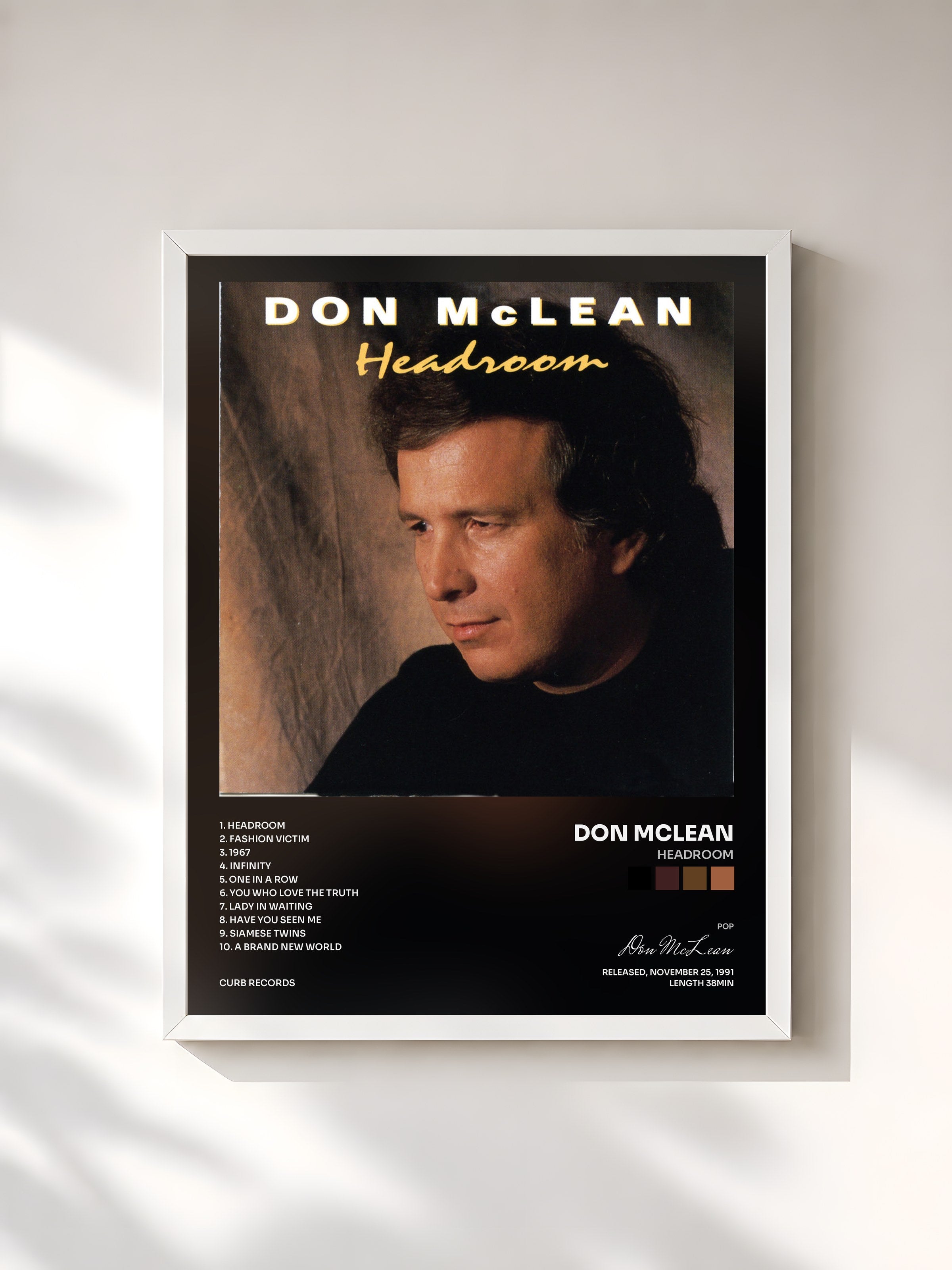 #blanc Tableau de l'album Headroom de Don McLean, cadre blanc, imprimé et encadré en France