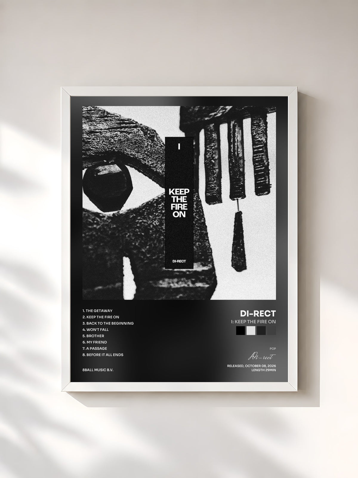 #blanc Tableau de l'album I: Keep The Fire On de Di-rect, cadre blanc, imprimé et encadré en France