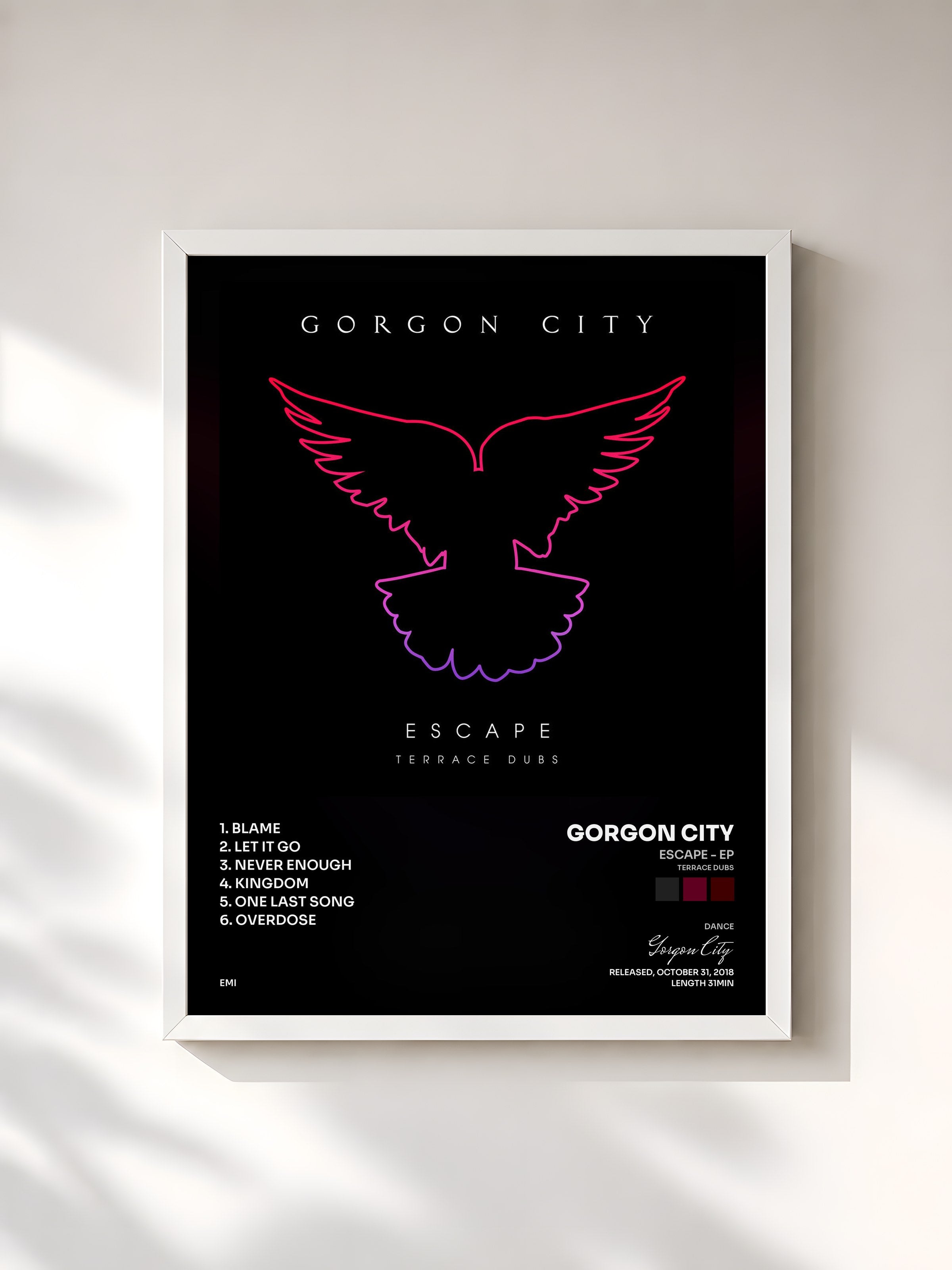 #blanc Tableau de l'album Escape - EP (Terrace Dubs) de Gorgon City, cadre blanc, imprimé et encadré en France