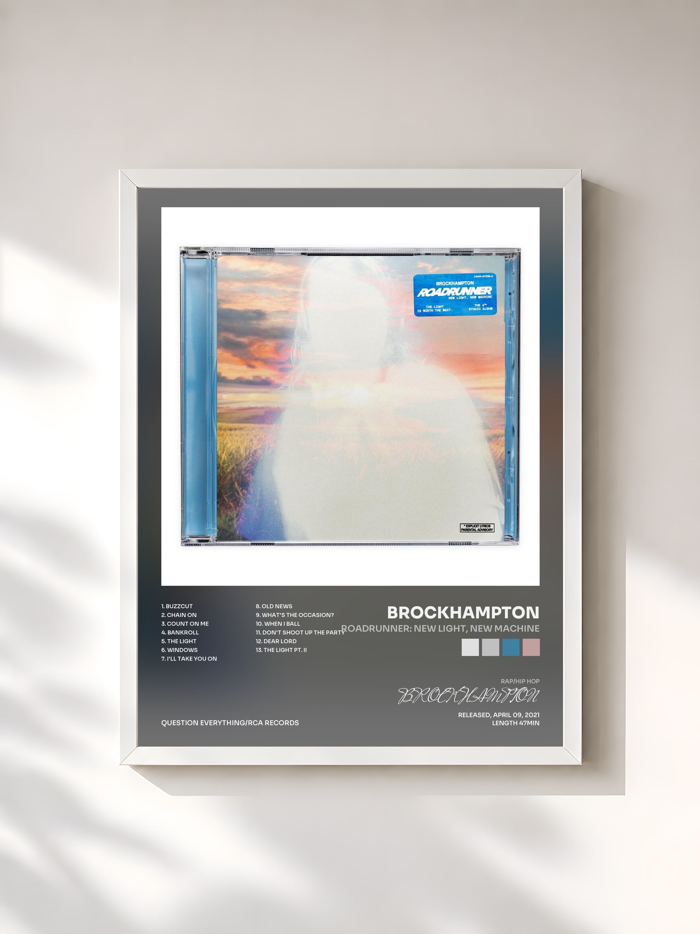 #blanc Tableau de l'album ROADRUNNER: NEW LIGHT, NEW MACHINE de BROCKHAMPTON, cadre blanc, imprimé et encadré en France