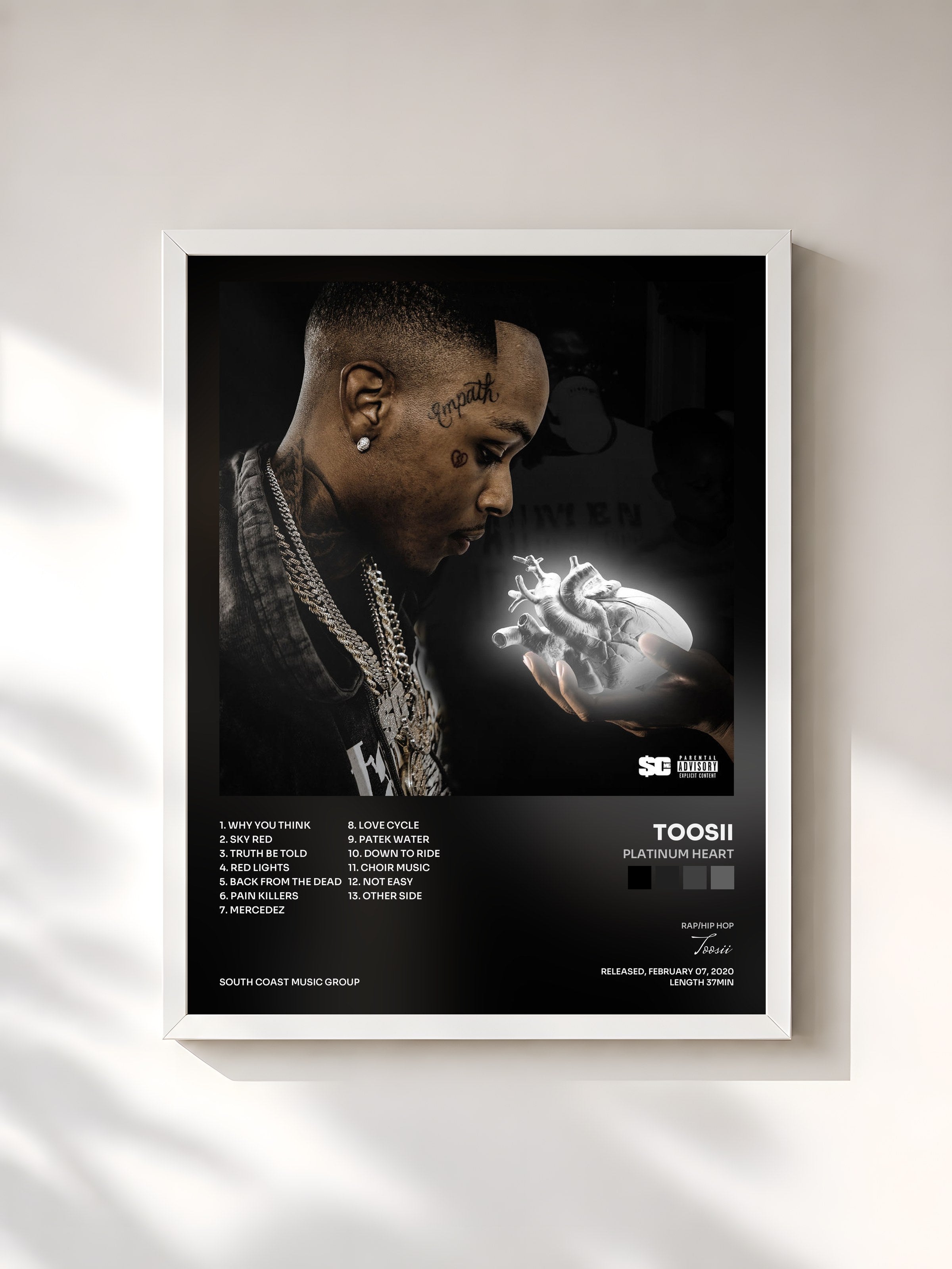 #blanc Tableau de l'album Platinum Heart de Toosii, cadre blanc, imprimé et encadré en France