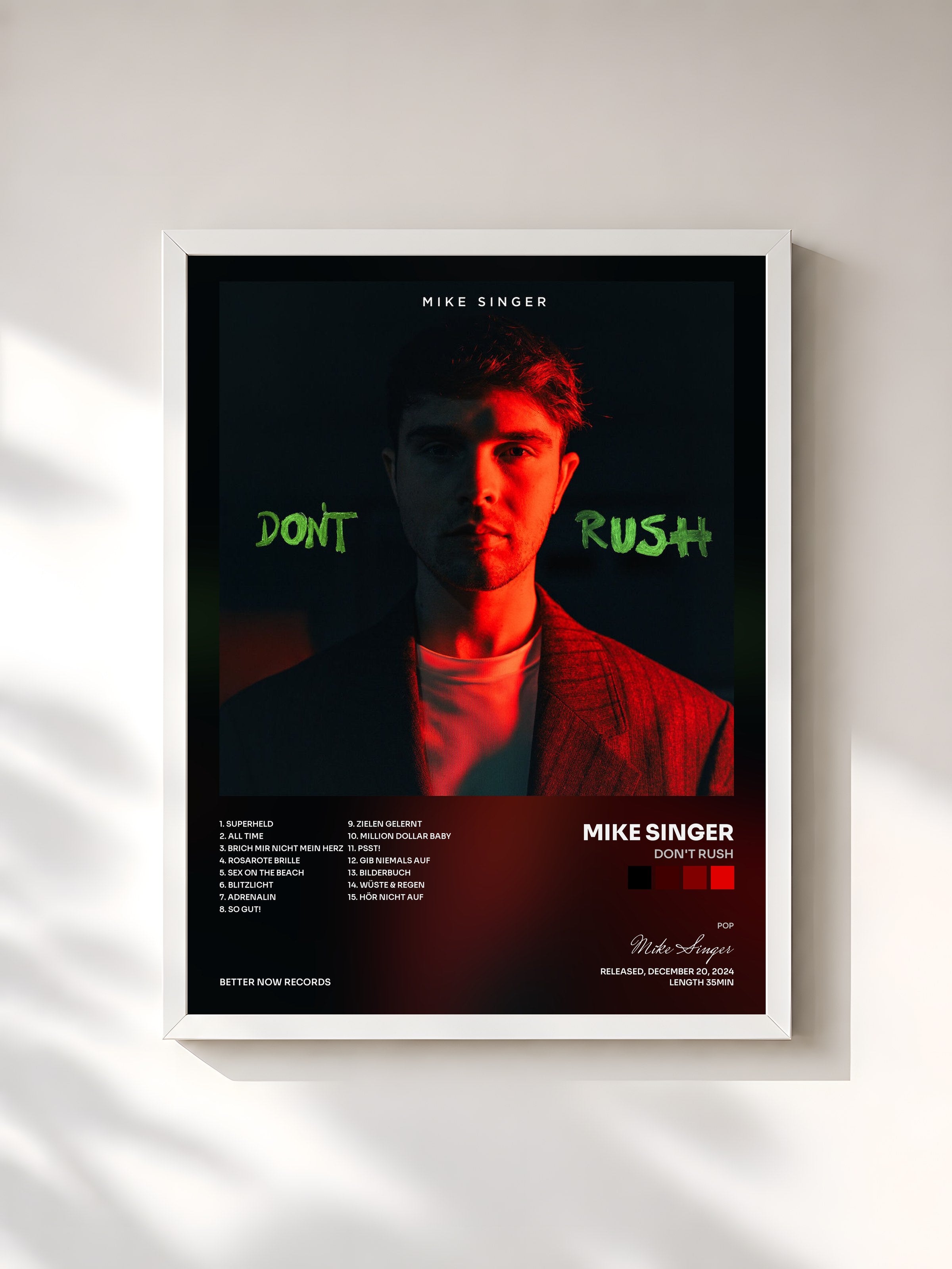 #blanc Tableau de l'album Don't Rush de Mike Singer, cadre blanc, imprimé et encadré en France