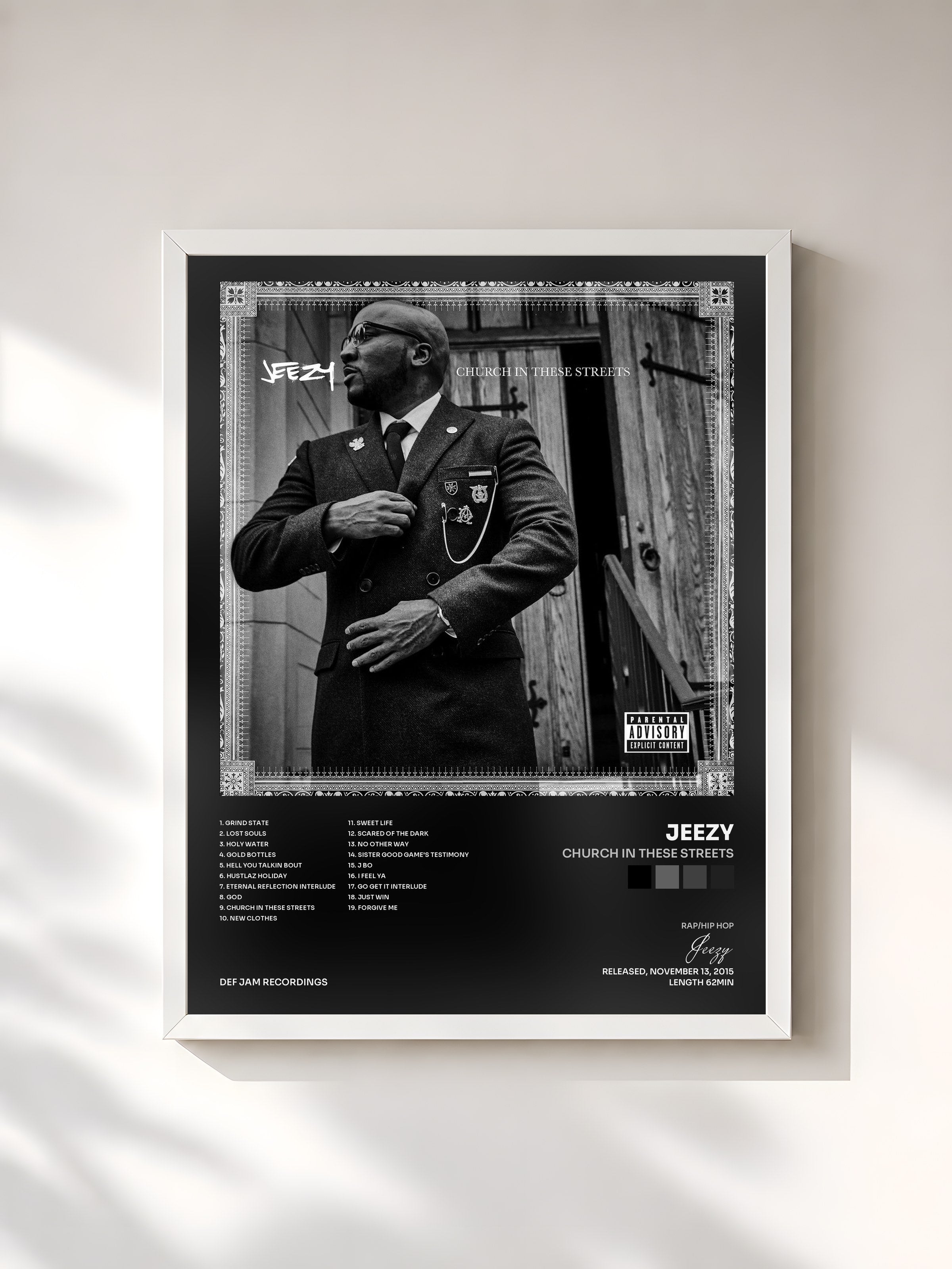 #blanc Tableau de l'album Church In These Streets de Jeezy, cadre blanc, imprimé et encadré en France