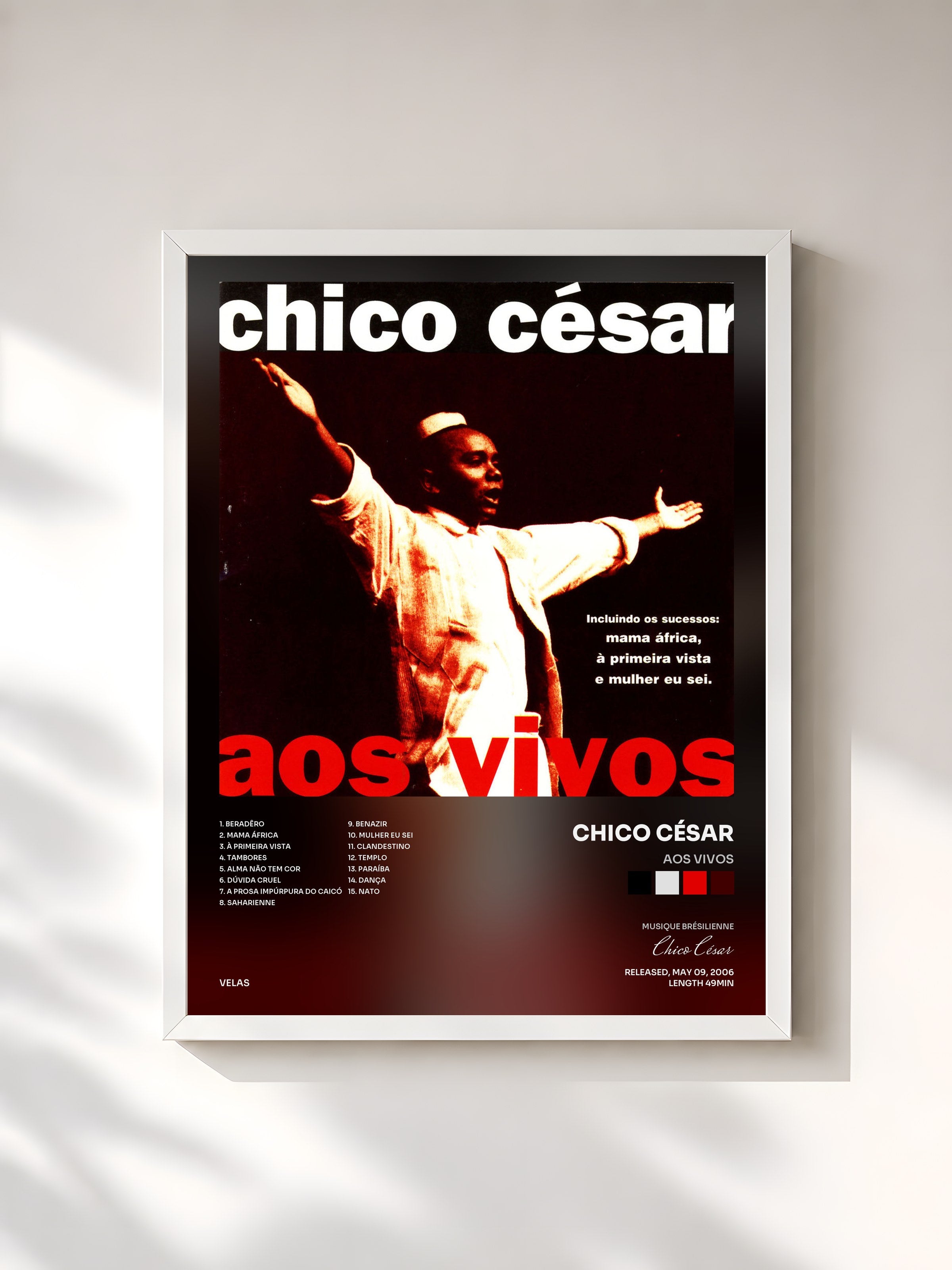 #blanc Tableau de l'album Aos Vivos de Chico César, cadre blanc, imprimé et encadré en France