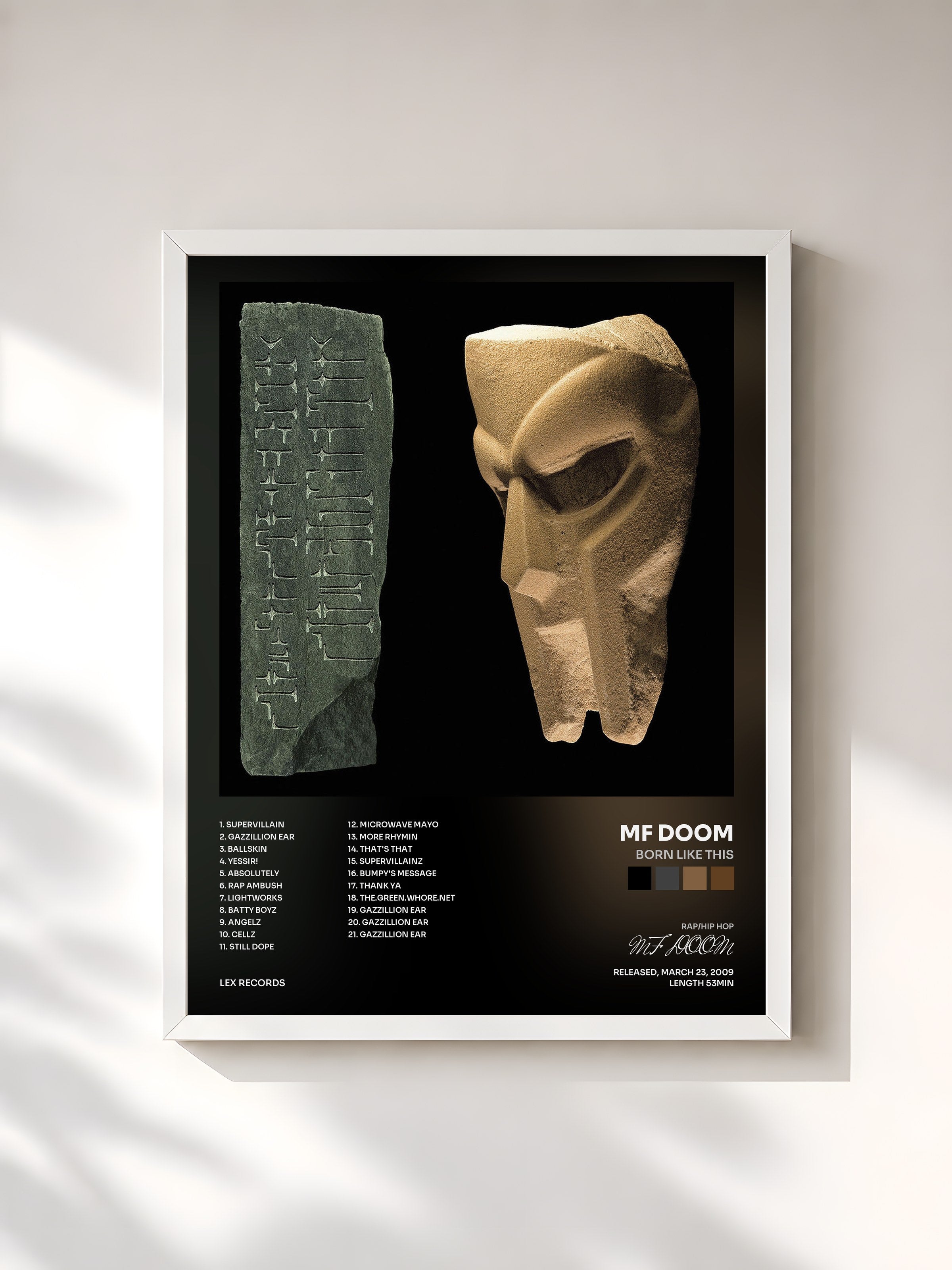 #blanc Tableau de l'album BORN LIKE THIS de MF DOOM, cadre blanc, imprimé et encadré en France