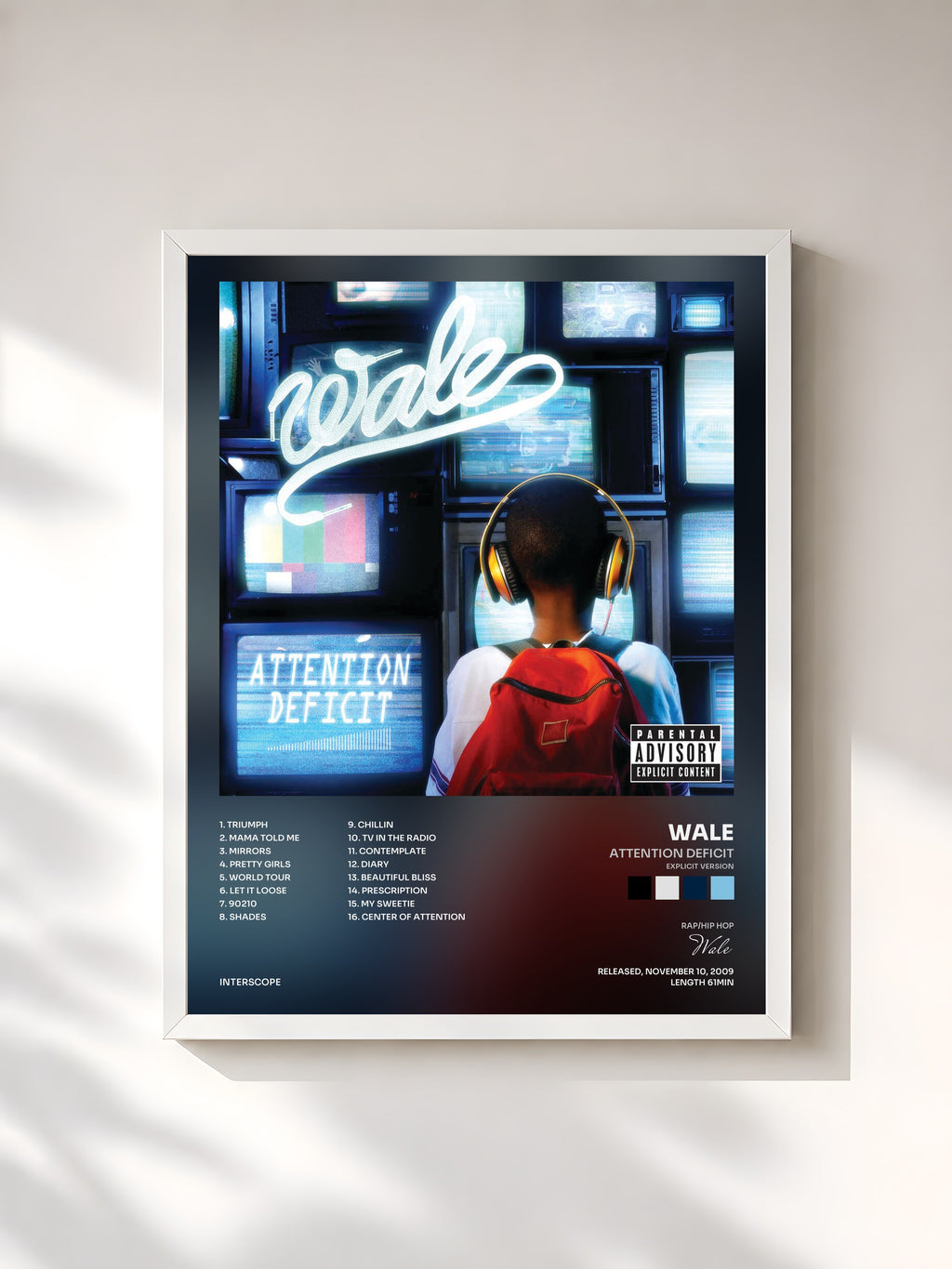 #blanc Tableau de l'album Attention Deficit (Explicit Version) de Wale, cadre blanc, imprimé et encadré en France