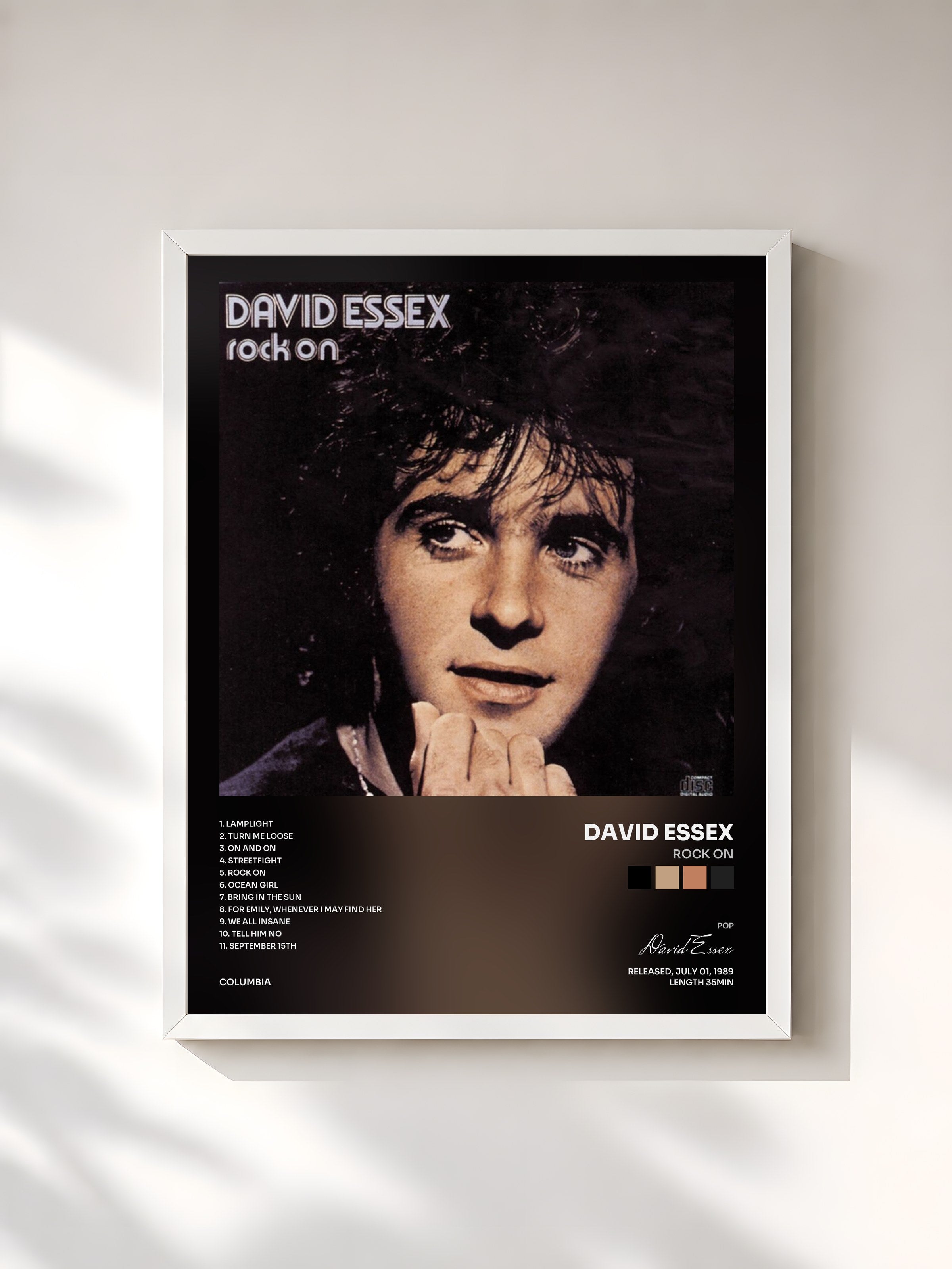 #blanc Tableau de l'album Rock On de David Essex, cadre blanc, imprimé et encadré en France