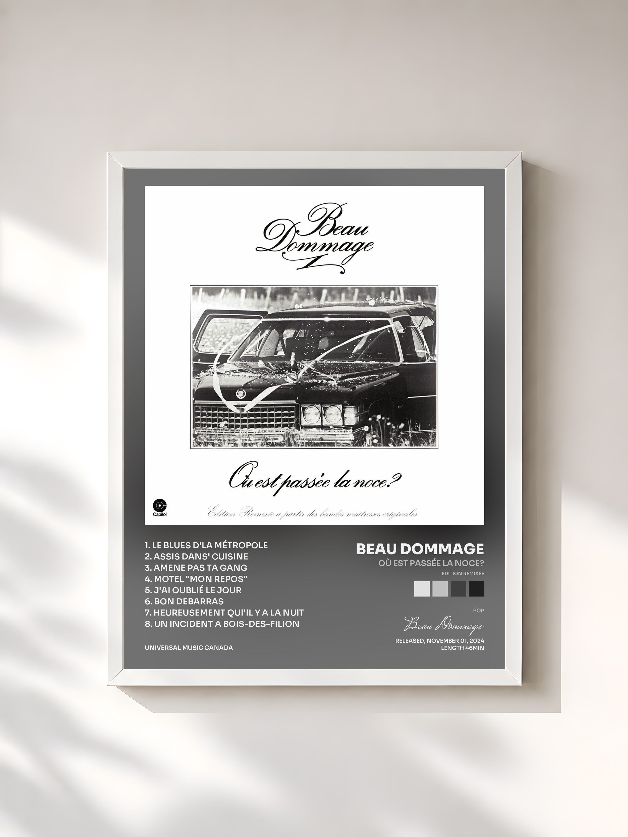 #blanc Tableau de l'album Où est passée la noce? (Edition Remixée) de Beau Dommage, cadre blanc, imprimé et encadré en France