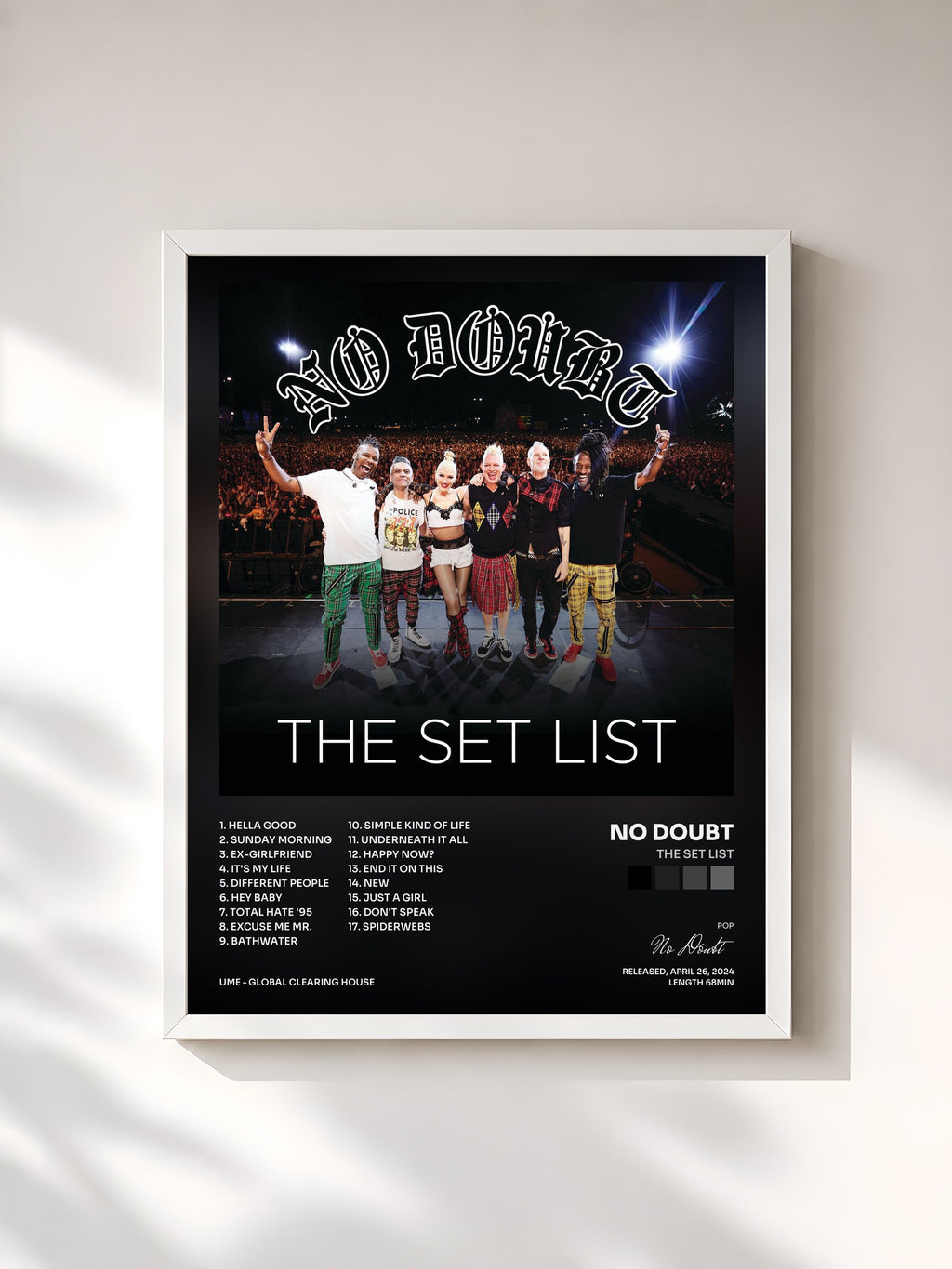 #blanc Tableau de l'album The Set List de No Doubt, cadre blanc, imprimé et encadré en France
