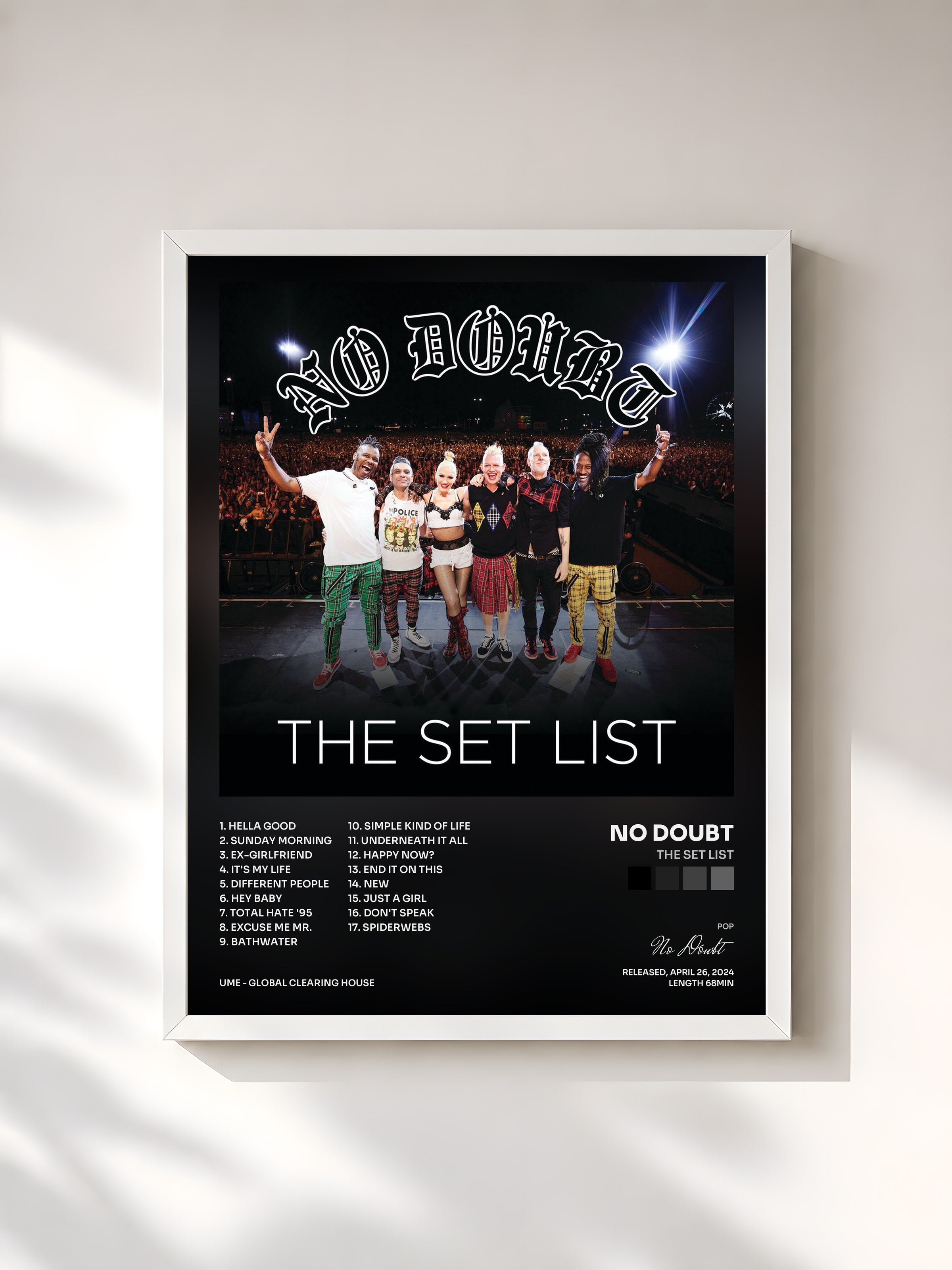 #blanc Tableau de l'album The Set List de No Doubt, cadre blanc, imprimé et encadré en France