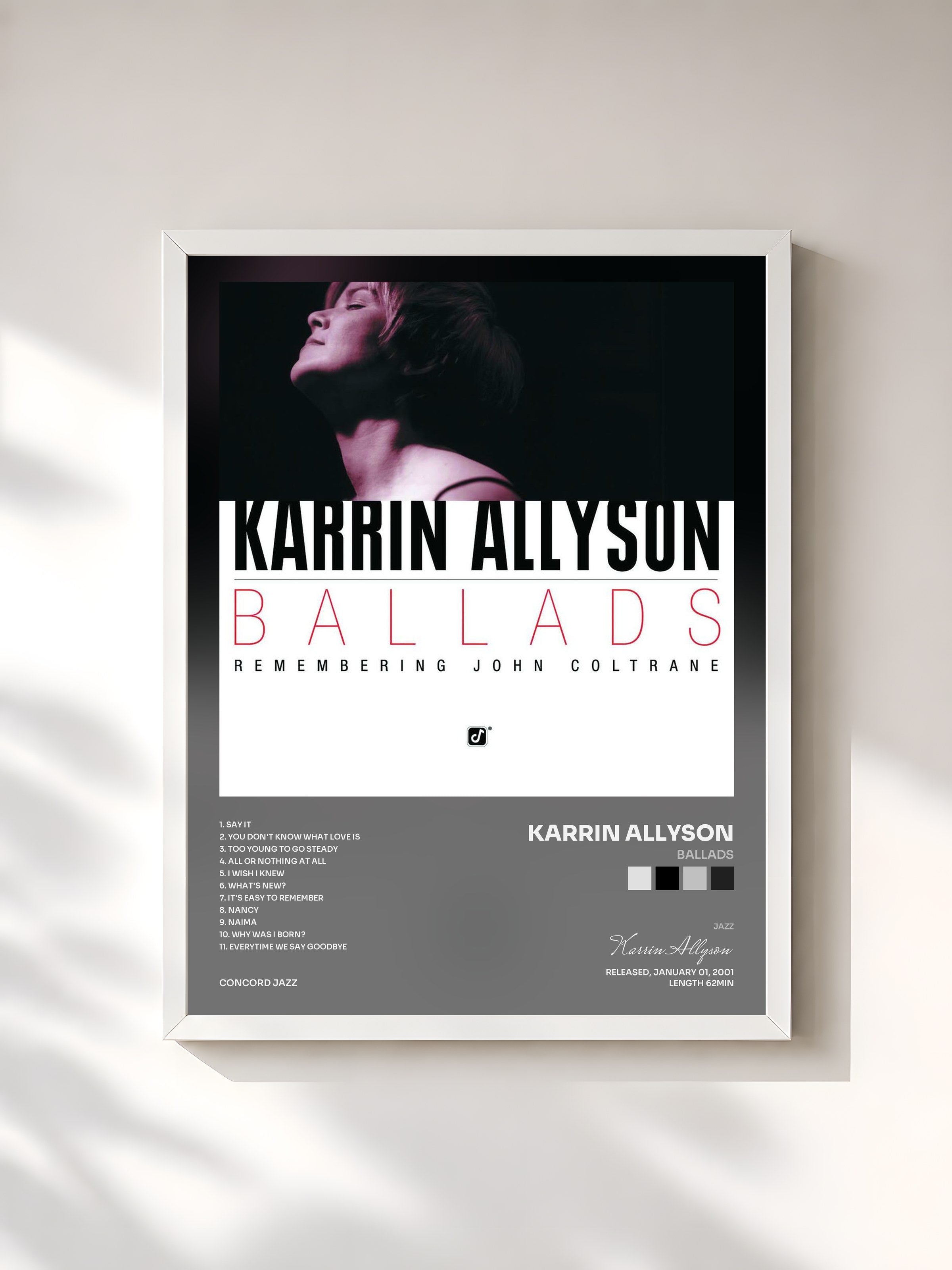 #blanc Tableau de l'album Ballads de Karrin Allyson, cadre blanc, imprimé et encadré en France
