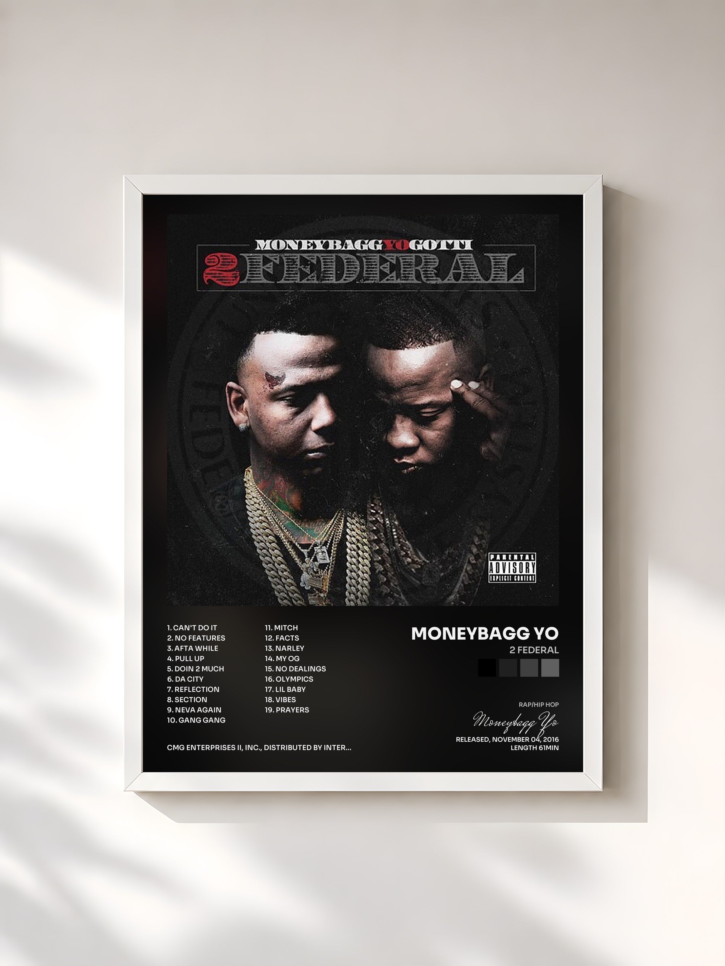 #blanc Tableau de l'album 2 Federal de Moneybagg Yo, cadre blanc, imprimé et encadré en France