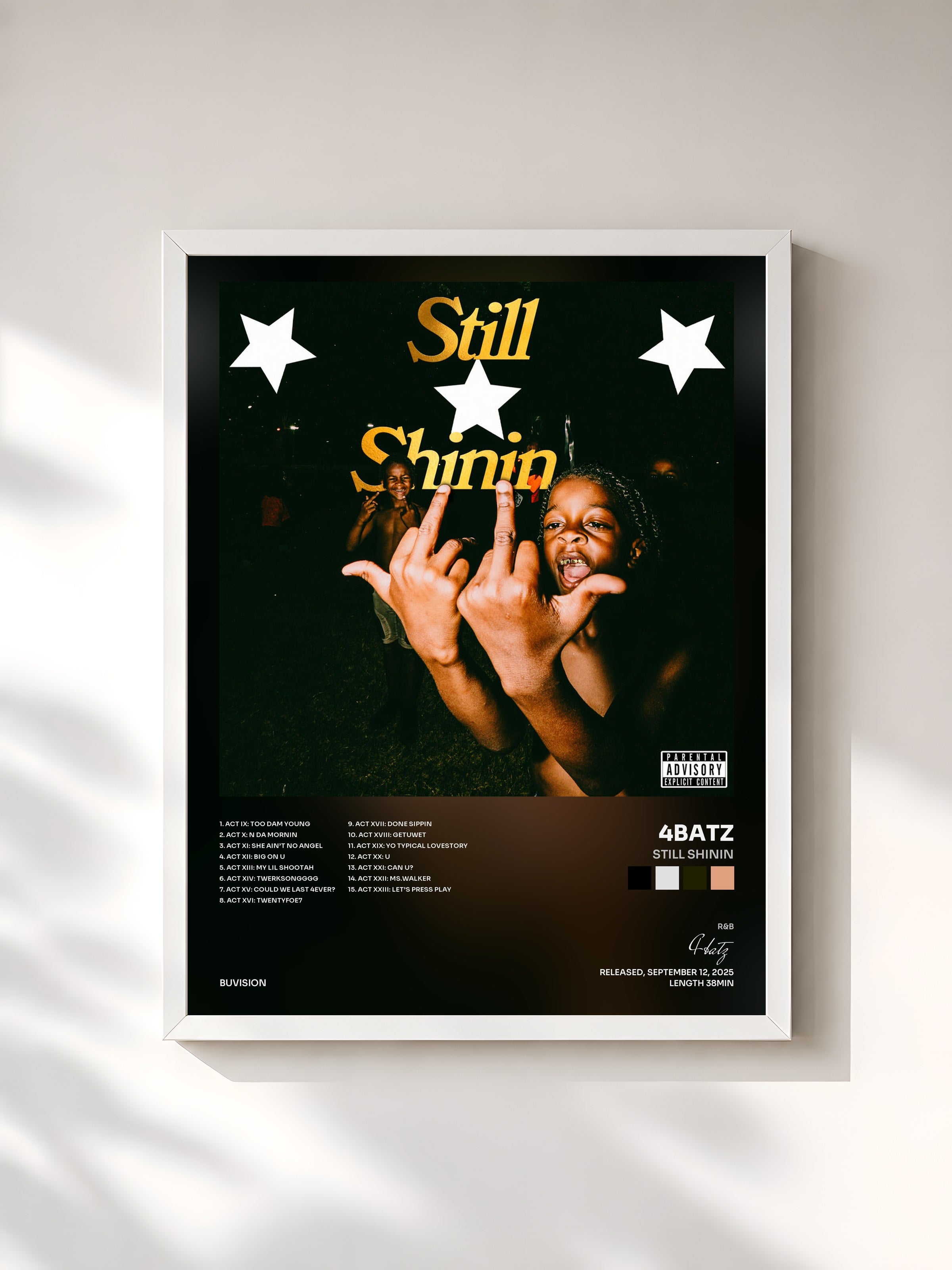 #blanc Tableau de l'album Still Shinin de 4batz, cadre blanc, imprimé et encadré en France