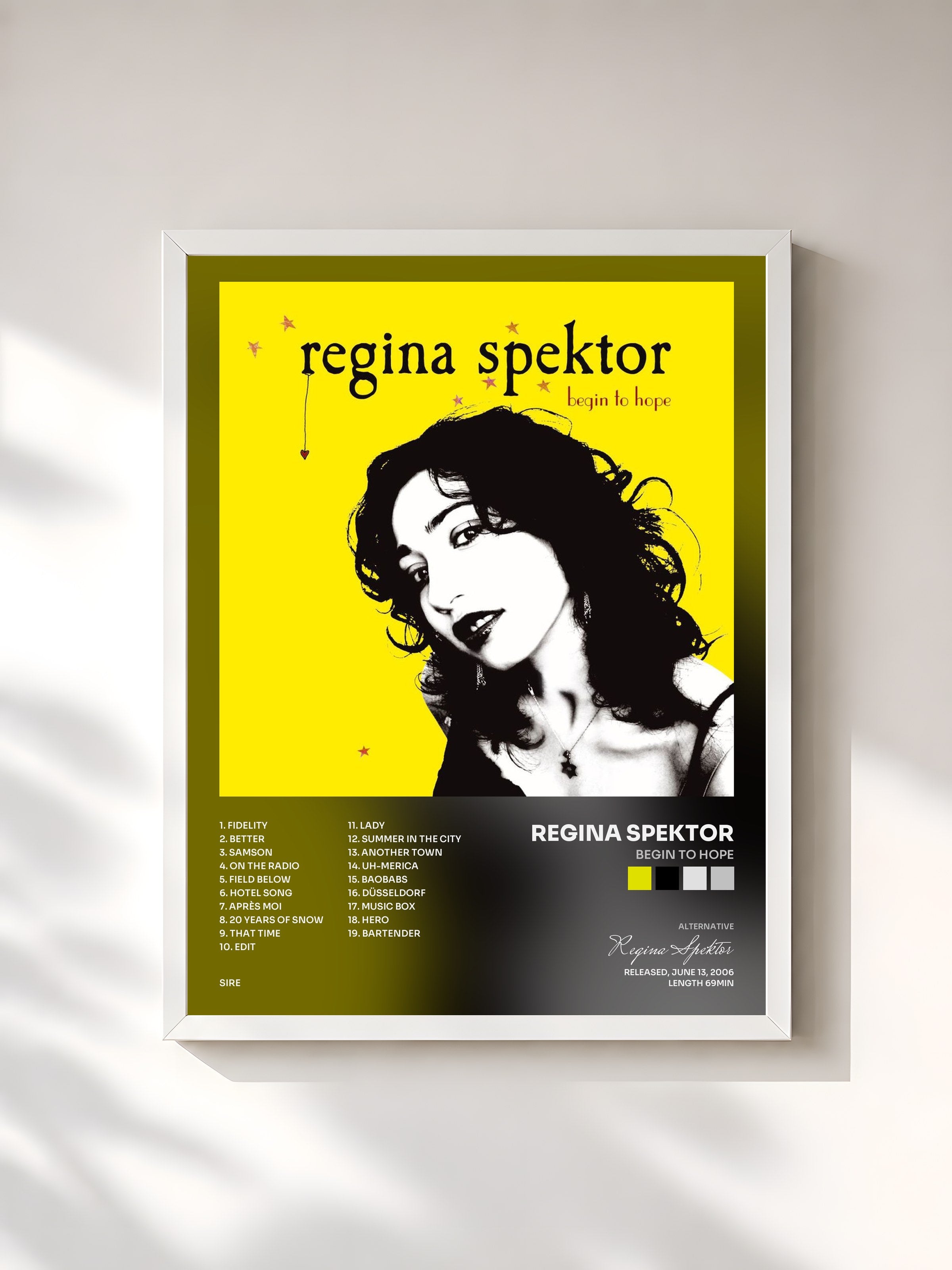 #blanc Tableau de l'album Begin to Hope de Regina Spektor, cadre blanc, imprimé et encadré en France
