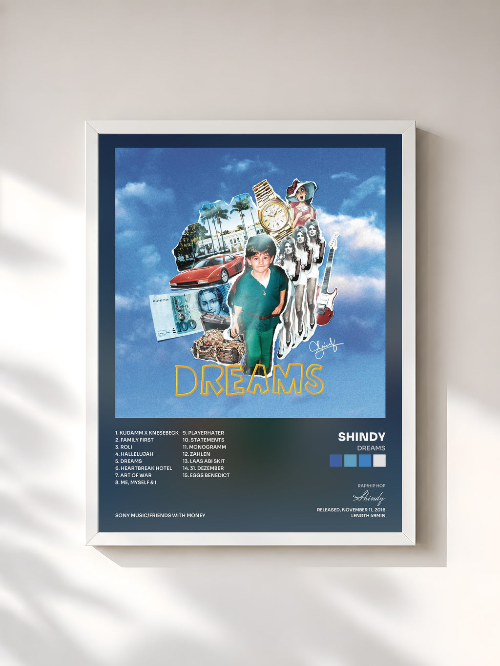 #blanc Tableau de l'album DREAMS de Shindy, cadre blanc, imprimé et encadré en France