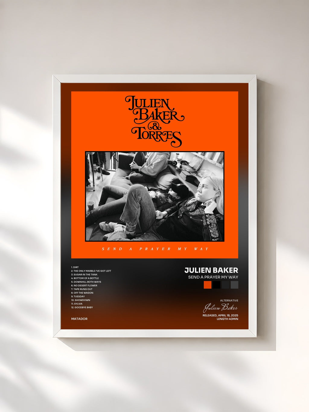 #blanc Tableau de l'album Send A Prayer My Way de Julien Baker, cadre blanc, imprimé et encadré en France