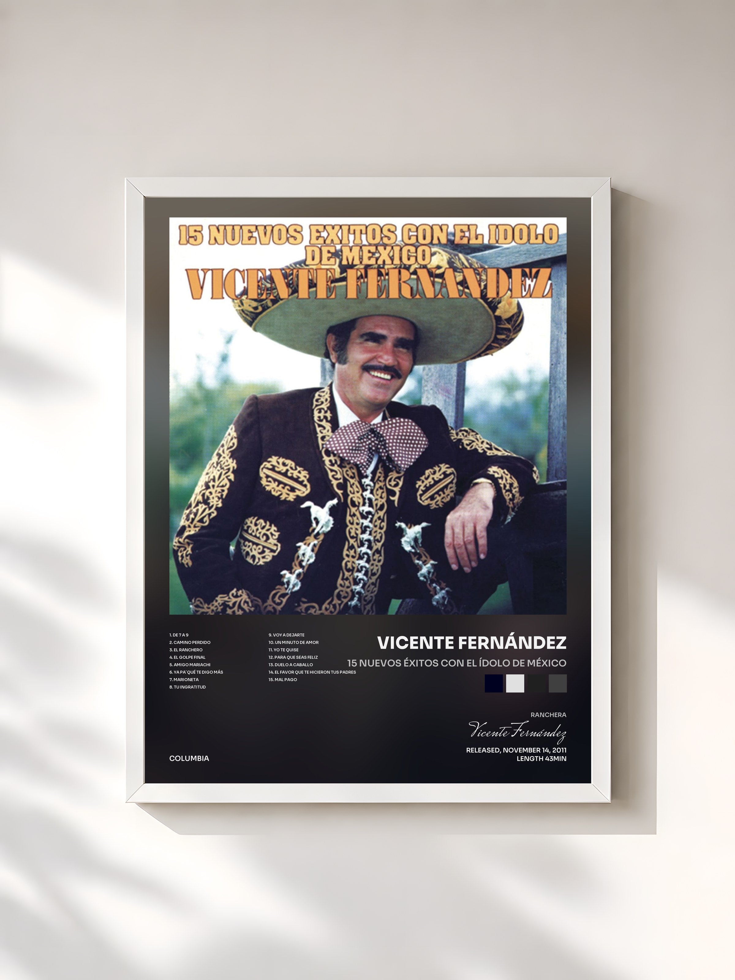 #blanc Tableau de l'album 15 Nuevos Éxitos Con el Ídolo de México de Vicente Fernández, cadre blanc, imprimé et encadré en France