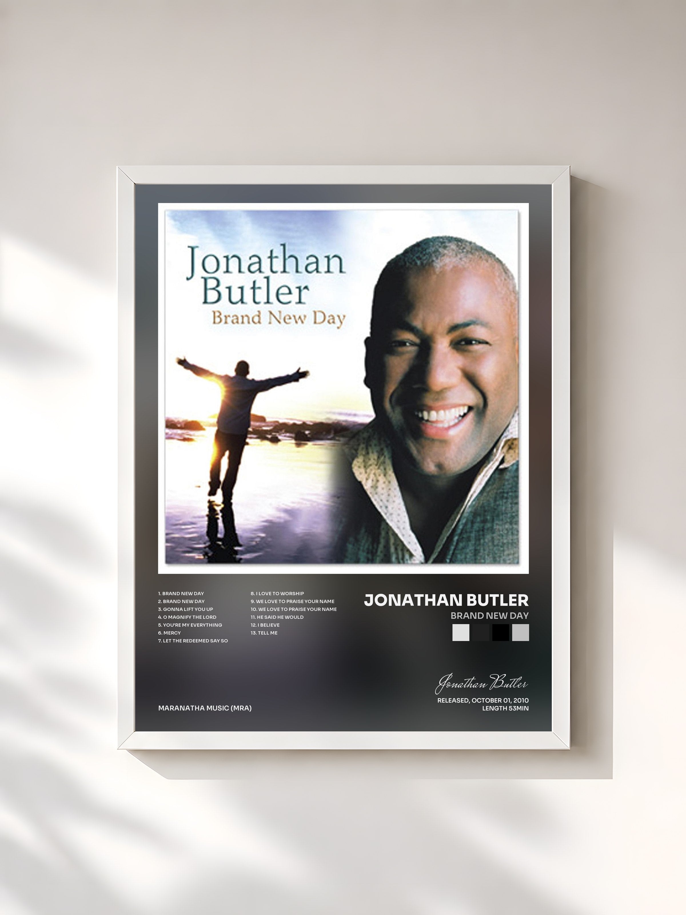 #blanc Tableau de l'album Brand New Day de Jonathan Butler, cadre blanc, imprimé et encadré en France