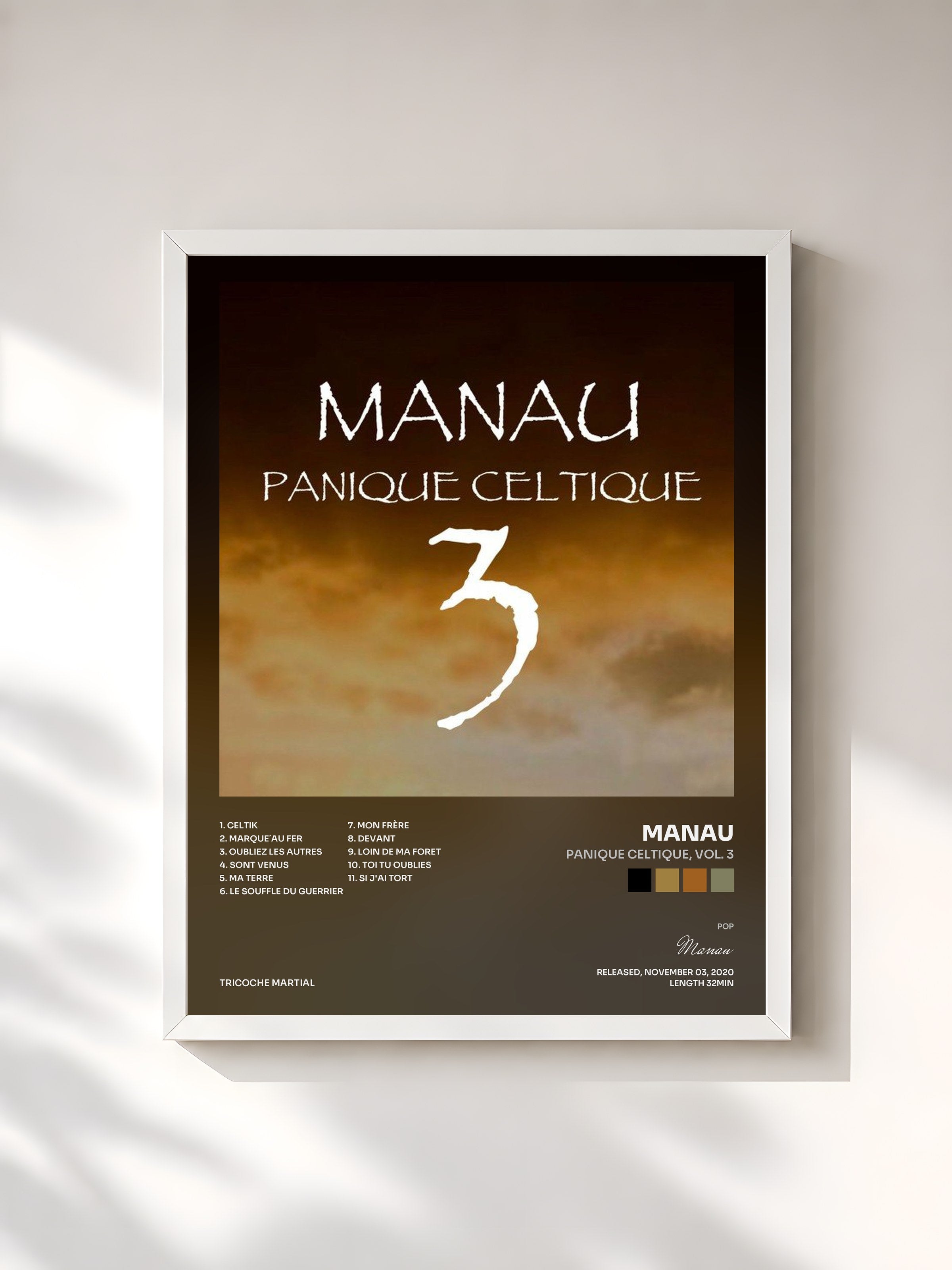 #blanc Tableau de l'album Panique celtique, Vol. 3 de Manau, cadre blanc, imprimé et encadré en France