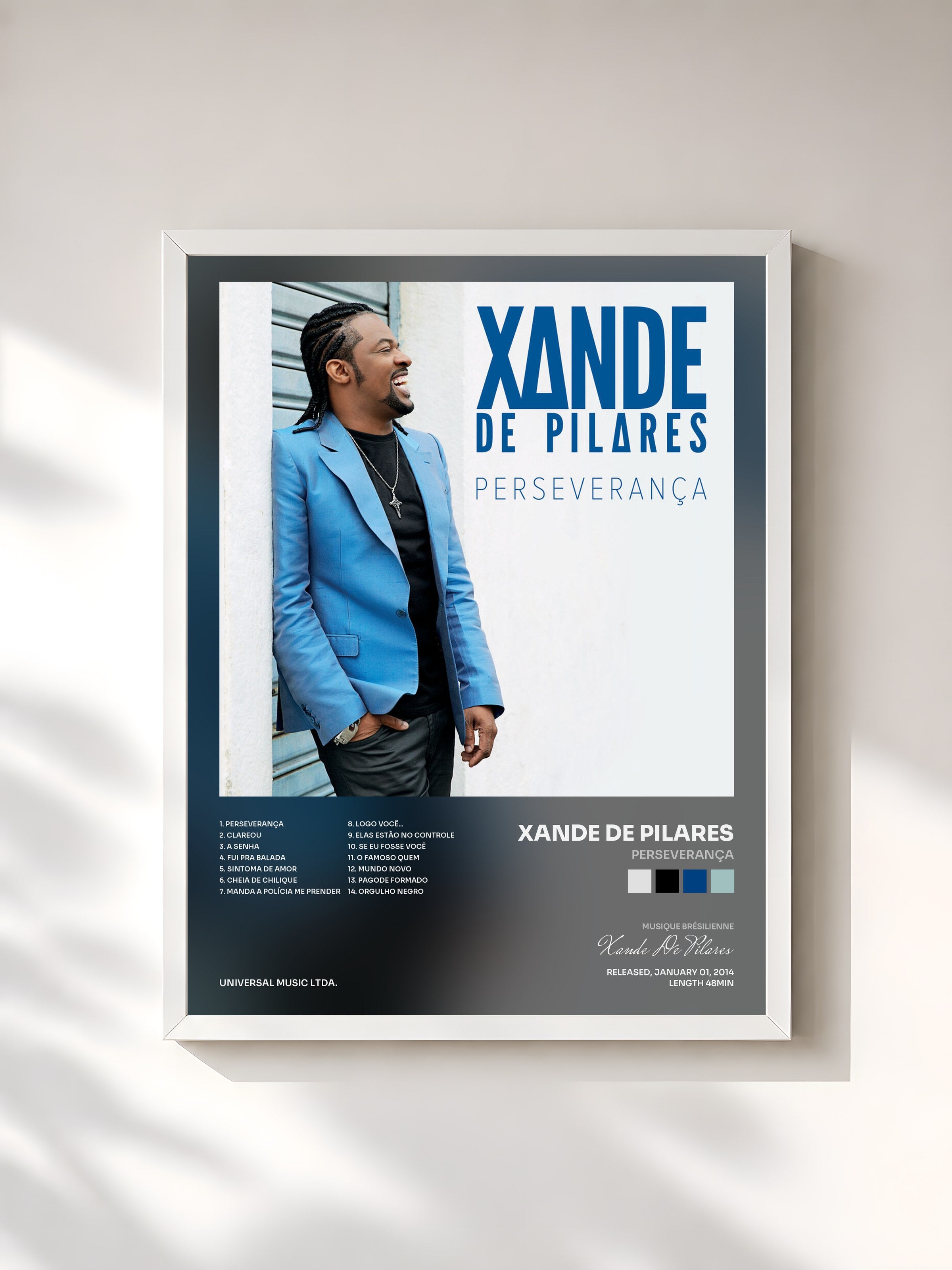 #blanc Tableau de l'album Perseverança de Xande De Pilares, cadre blanc, imprimé et encadré en France