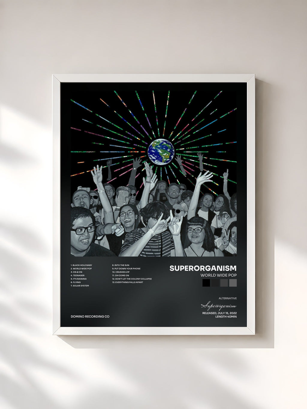 #blanc World Wide Pop by Superorganism as a framed art print, white frame, printed and framed in France
