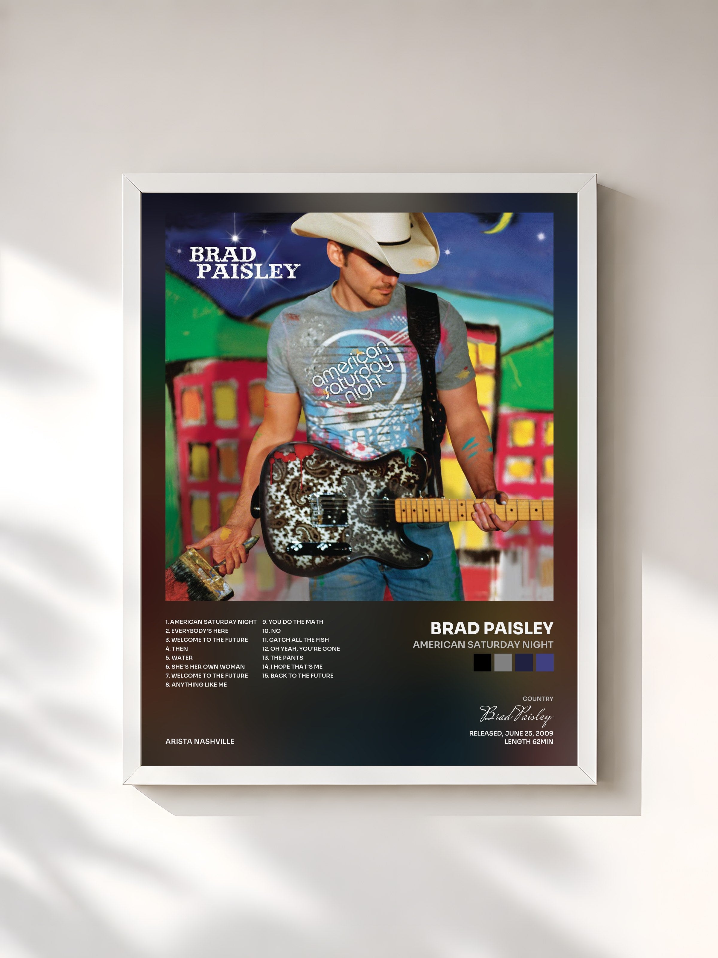 #blanc Tableau de l'album American Saturday Night de Brad Paisley, cadre blanc, imprimé et encadré en France