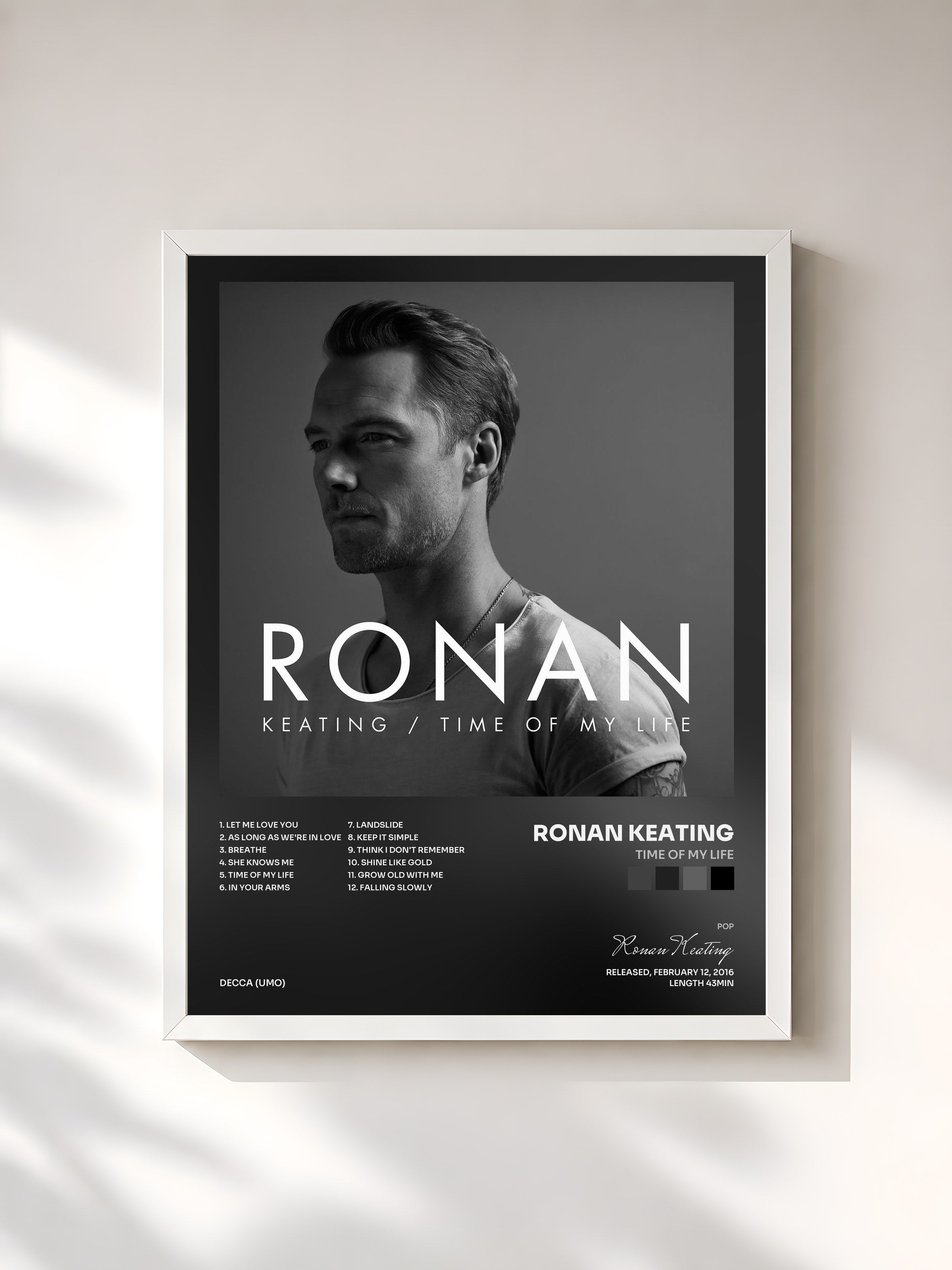 #blanc Tableau de l'album Time Of My Life de Ronan Keating, cadre blanc, imprimé et encadré en France