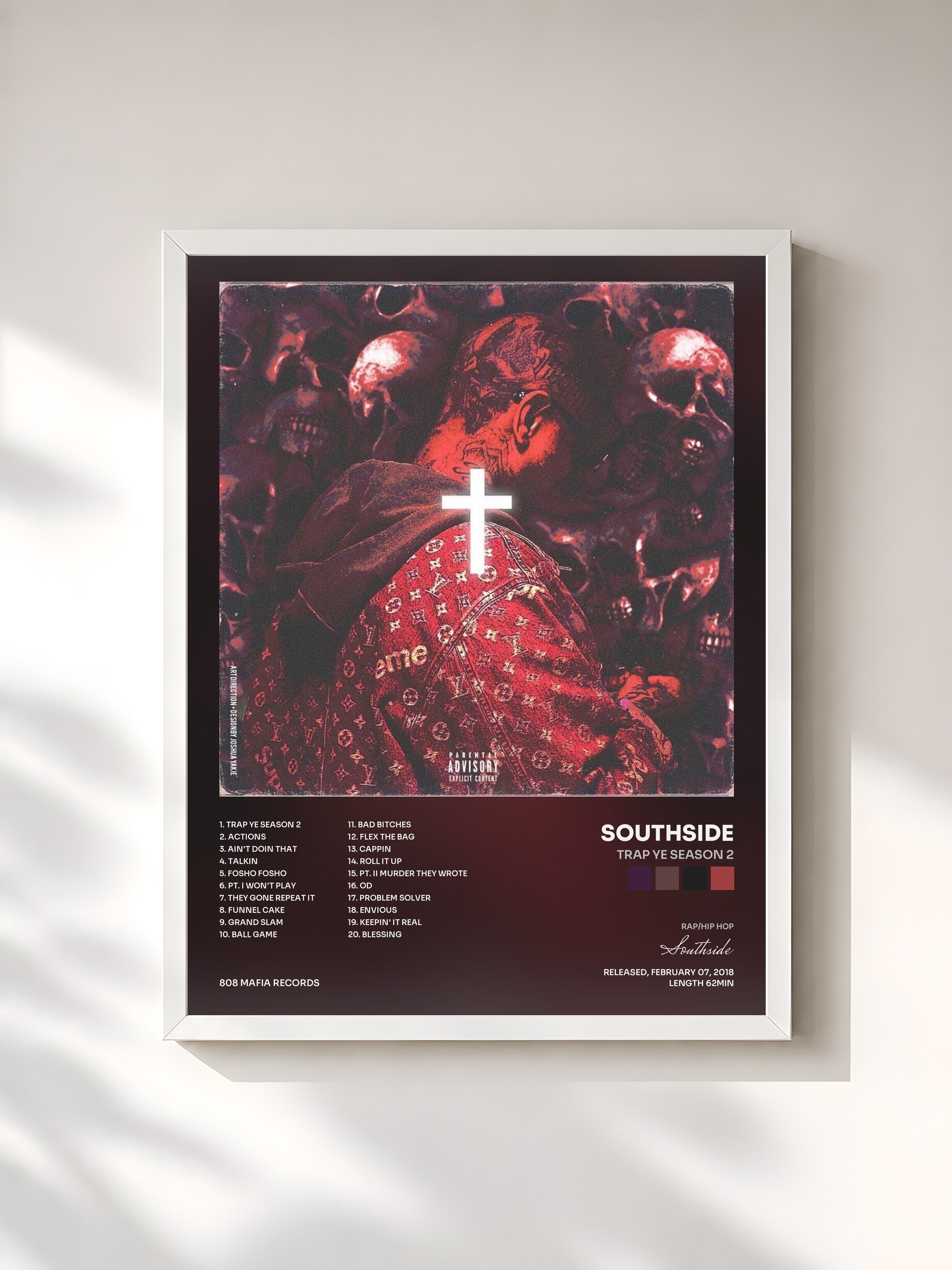 #blanc Tableau de l'album Trap Ye Season 2 de Southside, cadre blanc, imprimé et encadré en France